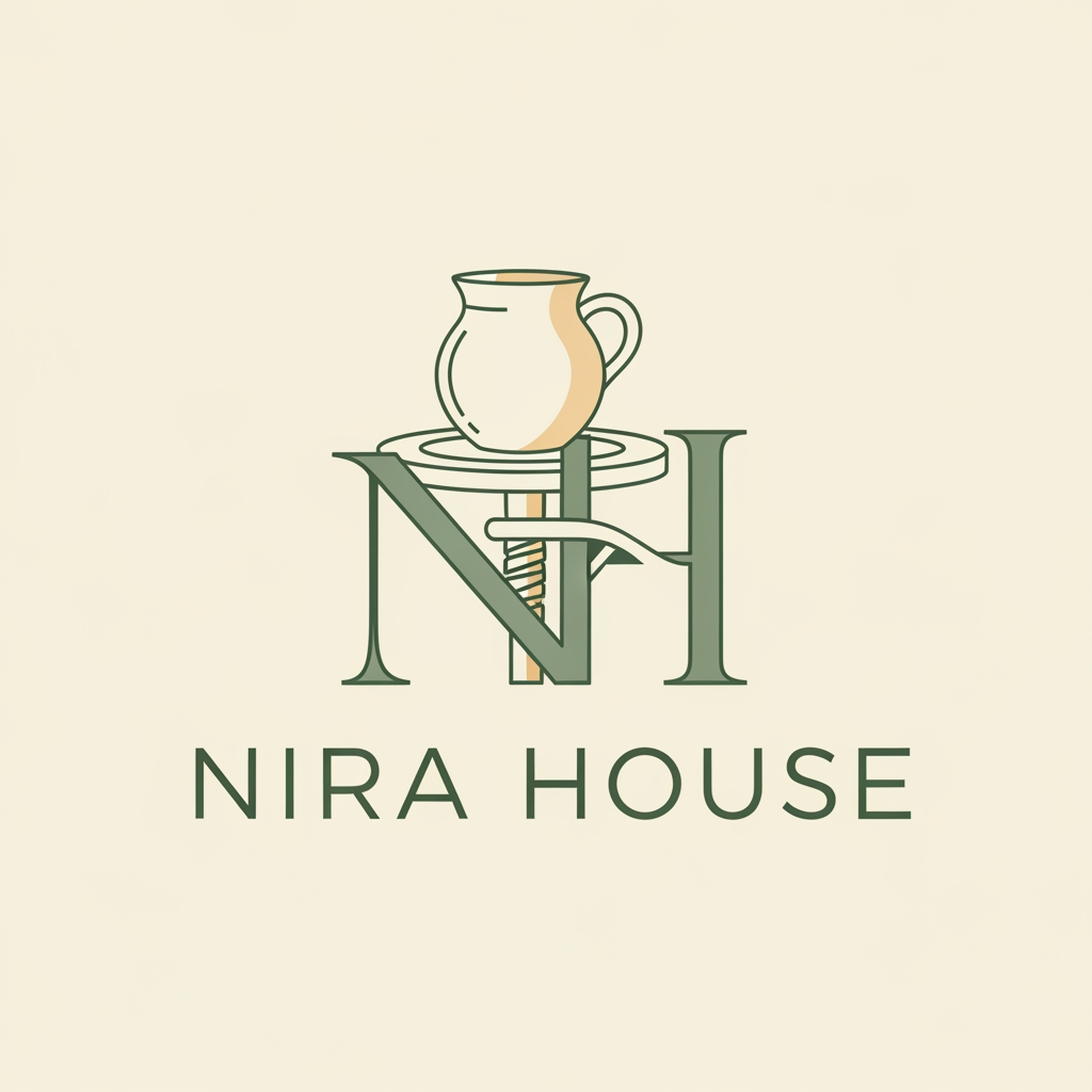 AI Design for create logo for nira House for line Art with the color combination green and cream with porttery handicarft symbol with first letter N H showing