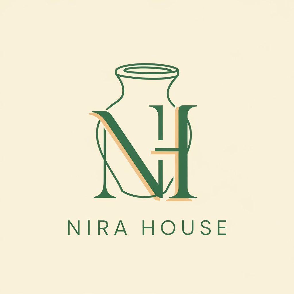 AI Design for create logo for nira House for line Art with the color combination green and cream with porttery handicarft symbol with first letter N H showing