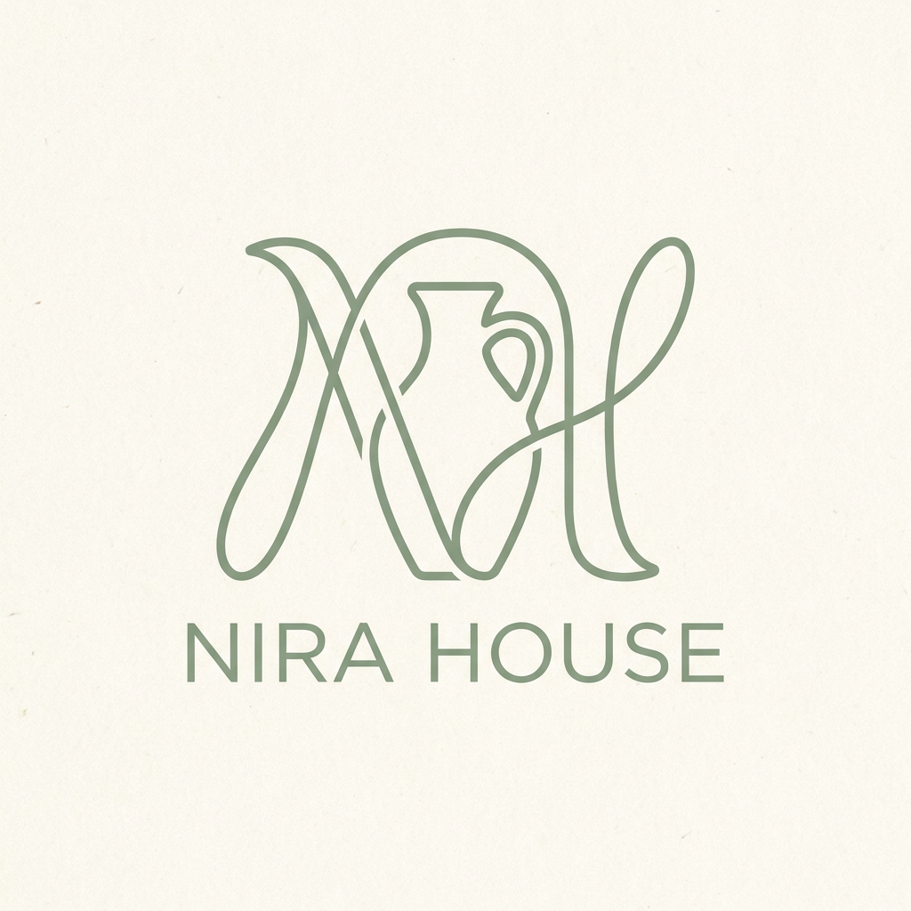 AI Design for A minimalist line art logo for Nira House, featuring an elegant, intertwined monogram of the letters N and H. The design incorporates a subtle, stylized pottery handicraft symbol seamlessly integrated into the letterforms, set against a clean background with a sophisticated color palette of sage green and soft cream. The aesthetic is organic, professional, and artisanal with clean, fluid strokes.