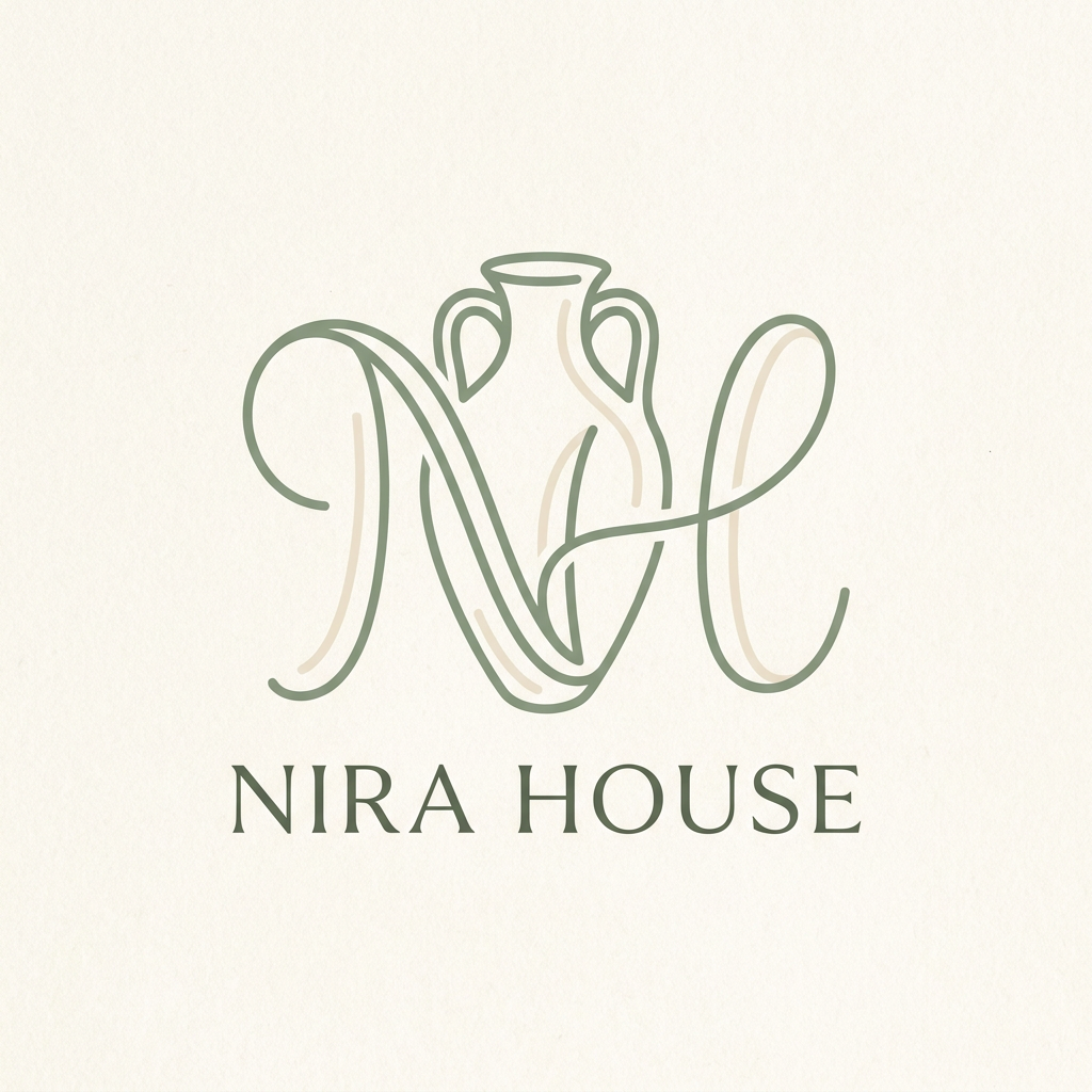 AI Design for A minimalist line art logo for Nira House, featuring an elegant, intertwined monogram of the letters N and H. The design incorporates a subtle, stylized pottery handicraft symbol seamlessly integrated into the letterforms, set against a clean background with a sophisticated color palette of sage green and soft cream. The aesthetic is organic, professional, and artisanal with clean, fluid strokes.