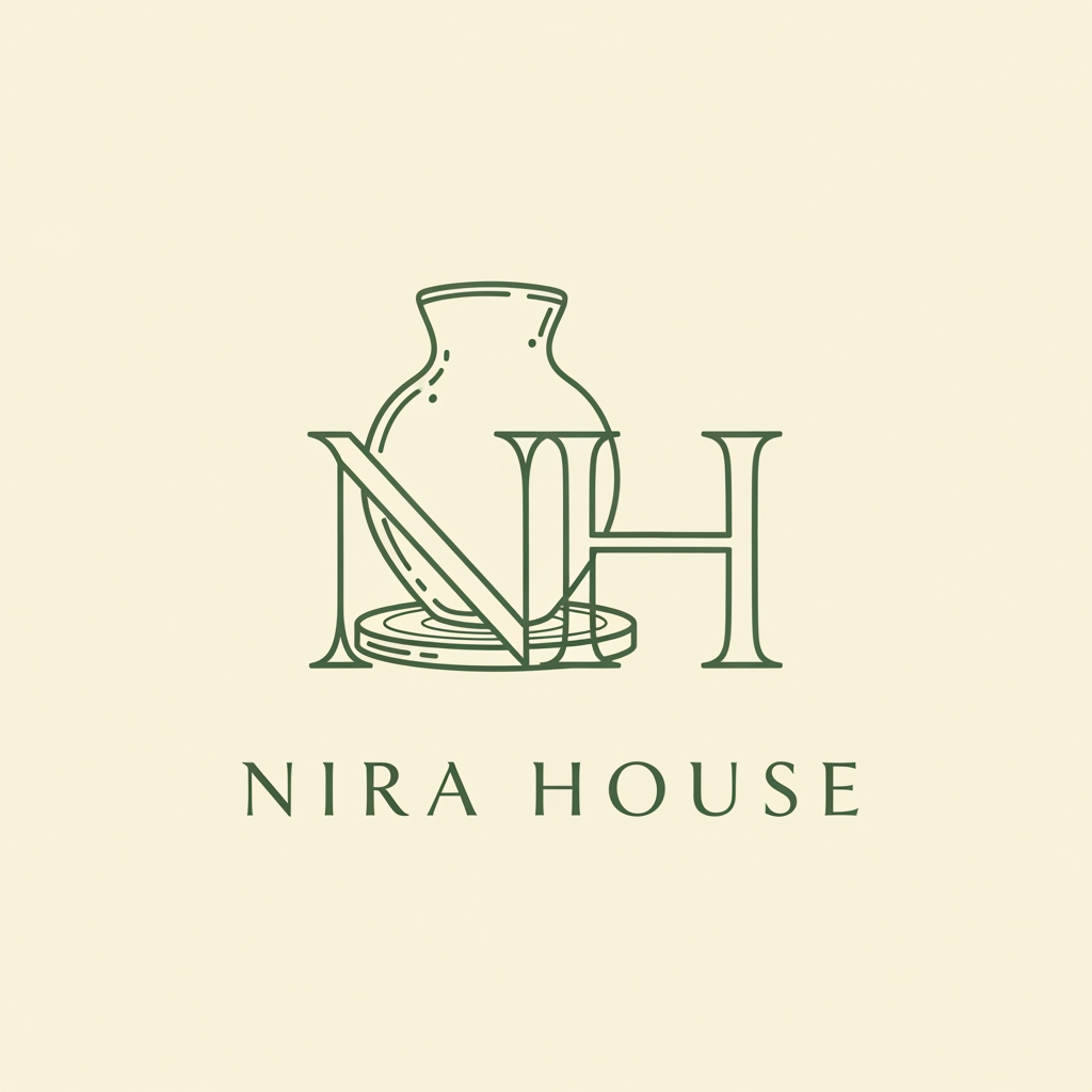 AI Design for create logo for nira House for line Art with the color combination green and cream with porttery handicarft symbol with first letter N H showing