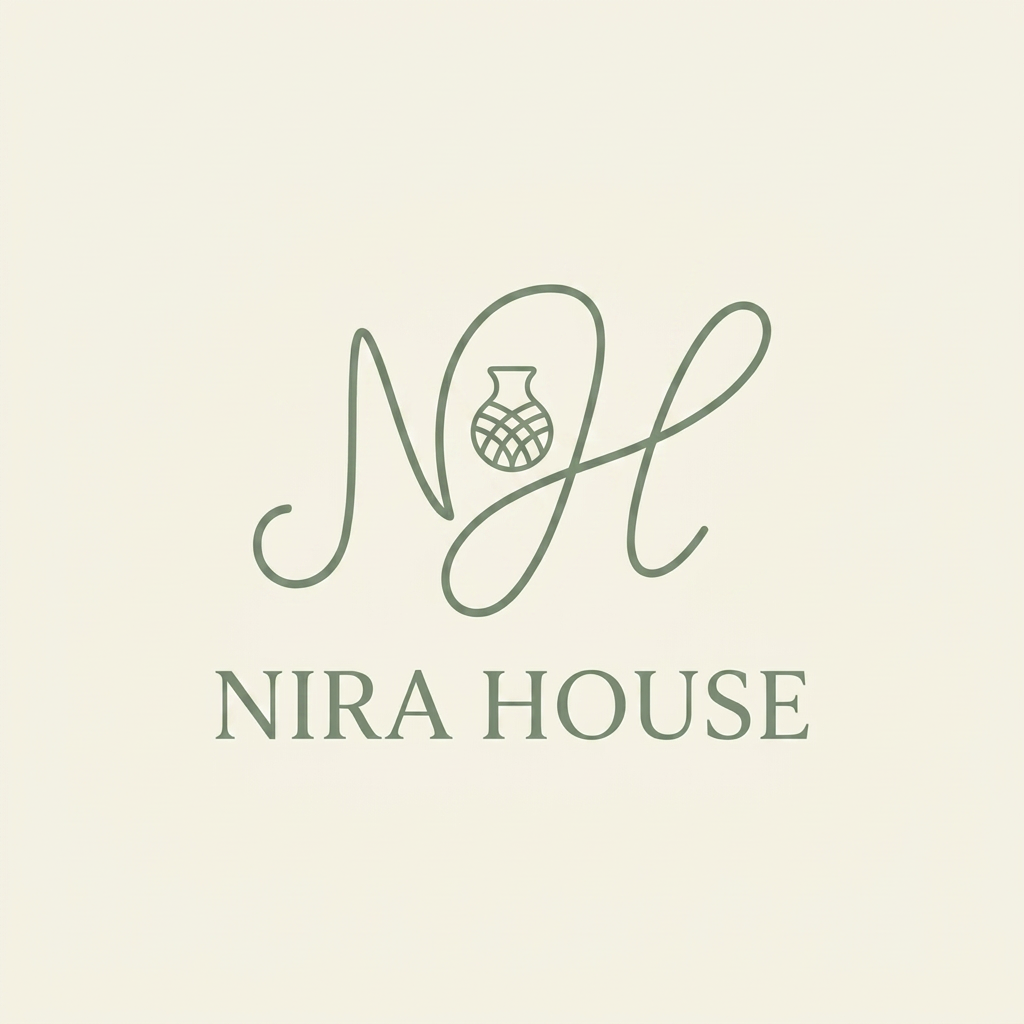 AI Design for A minimalist, high-end logo design for Nira House, featuring an elegant, intertwined monogram of the letters 'N' and 'H' rendered in fluid, organic line art. A subtle, stylized pottery handicraft symbol is seamlessly woven into the letterforms, conveying a sense of artisanal craftsmanship. The composition features clean, balanced strokes on a soft cream background, accented by a sophisticated sage green color palette, creating a professional and refined aesthetic.