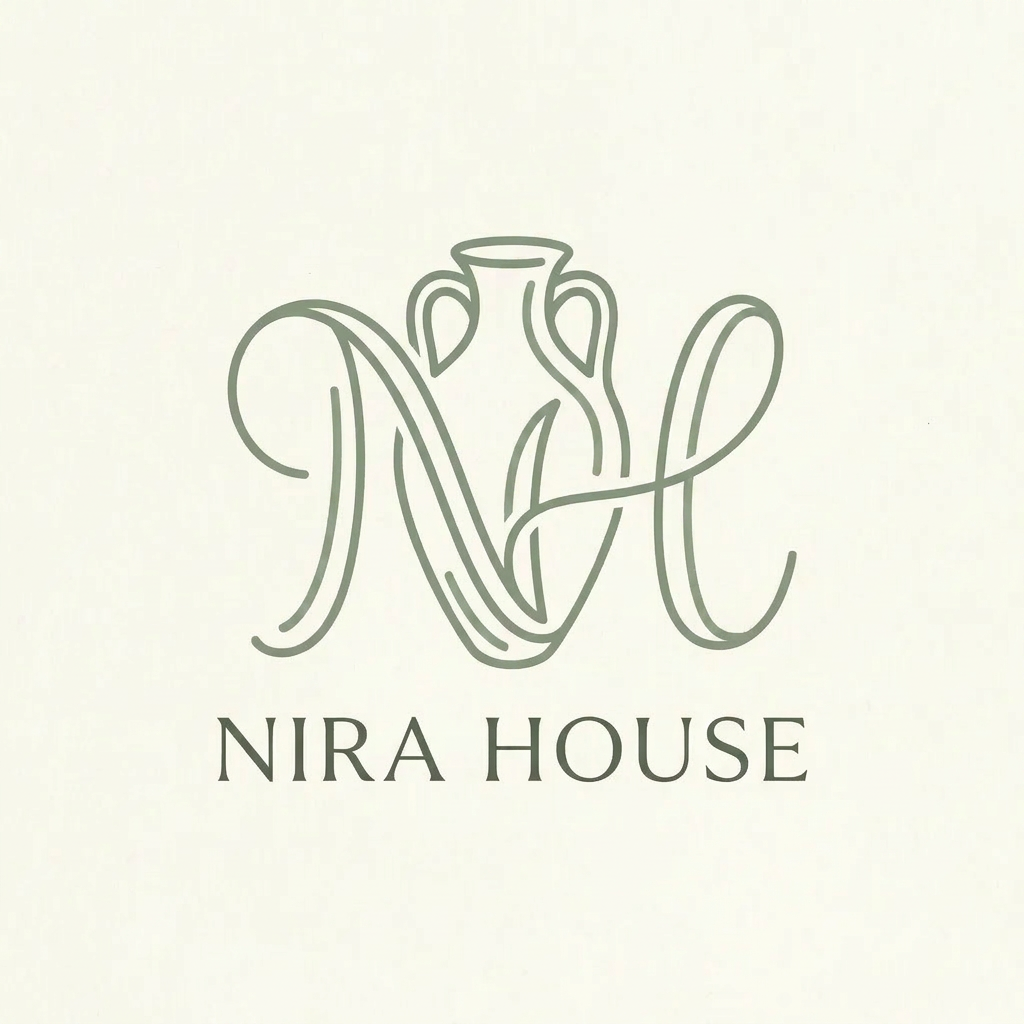 AI Design for A minimalist, high-end logo design for Nira House, featuring an elegant, intertwined monogram of the letters 'N' and 'H' rendered in fluid, organic line art. A subtle, stylized pottery handicraft symbol is seamlessly woven into the letterforms, conveying a sense of artisanal craftsmanship. The composition features clean, balanced strokes on a soft cream background, accented by a sophisticated sage green color palette, creating a professional and refined aesthetic.