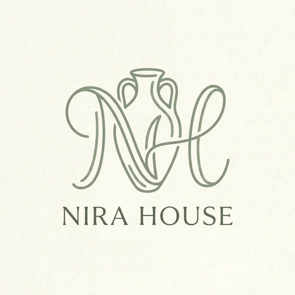 AI Design for A minimalist, high-end logo design for Nira House, featuring an elegant, intertwined monogram of the letters 'N' and 'H' rendered in fluid, organic line art. A subtle, stylized pottery handicraft symbol is seamlessly woven into the letterforms, conveying a sense of artisanal craftsmanship. The composition features clean, balanced strokes on a soft cream background, accented by a sophisticated sage green color palette, creating a professional and refined aesthetic.