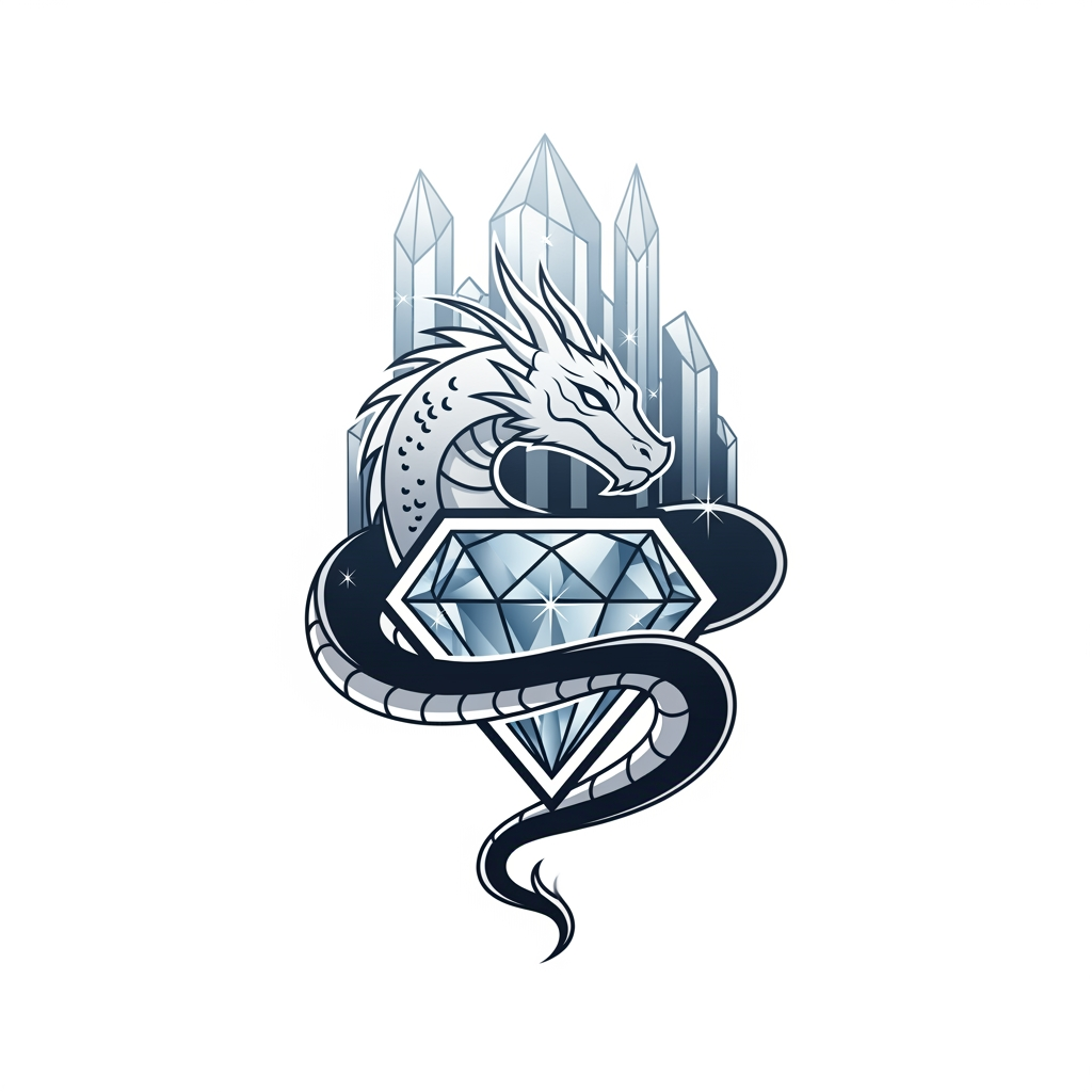AI Design for creame un logotipo profesional estilo serpiente dragon en un castillo de cristal que se vea desde su cabeza hasta su cuerpo pero estyilo logotipo que el cuerpo del logotipo lo cubra el diamante