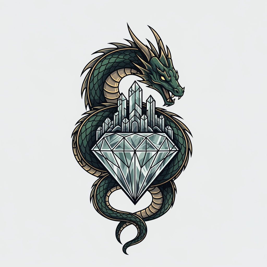 AI Design for creame un logotipo profesional estilo serpiente dragon en un castillo de cristal que se vea desde su cabeza hasta su cuerpo pero estyilo logotipo que el cuerpo del logotipo lo cubra el diamante que sea imagen profesional no animacion algo serio