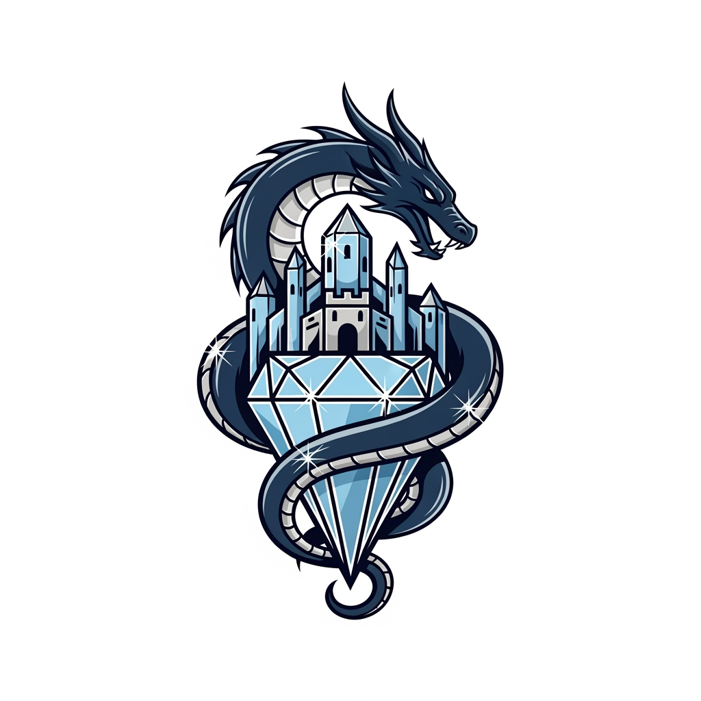 AI Design for creame un logotipo profesional estilo serpiente dragon en un castillo de cristal que se vea desde su cabeza hasta su cuerpo pero estyilo logotipo que el cuerpo del logotipo lo cubra el diamante que sea imagen profesional no animacion algo serio