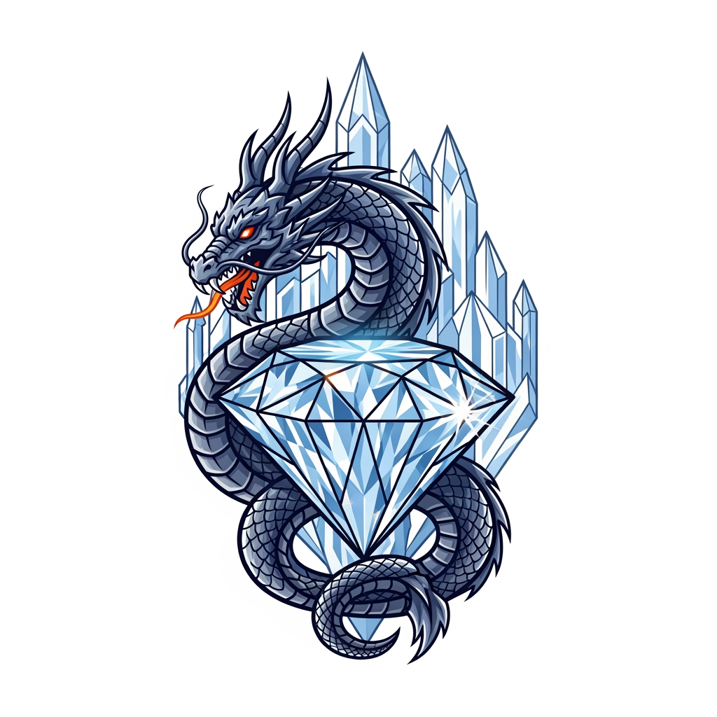 AI Design for creame un logotipo profesional estilo serpiente dragon en un castillo de cristal que se vea desde su cabeza hasta su cuerpo pero estyilo logotipo que el cuerpo del logotipo lo cubra el diamante