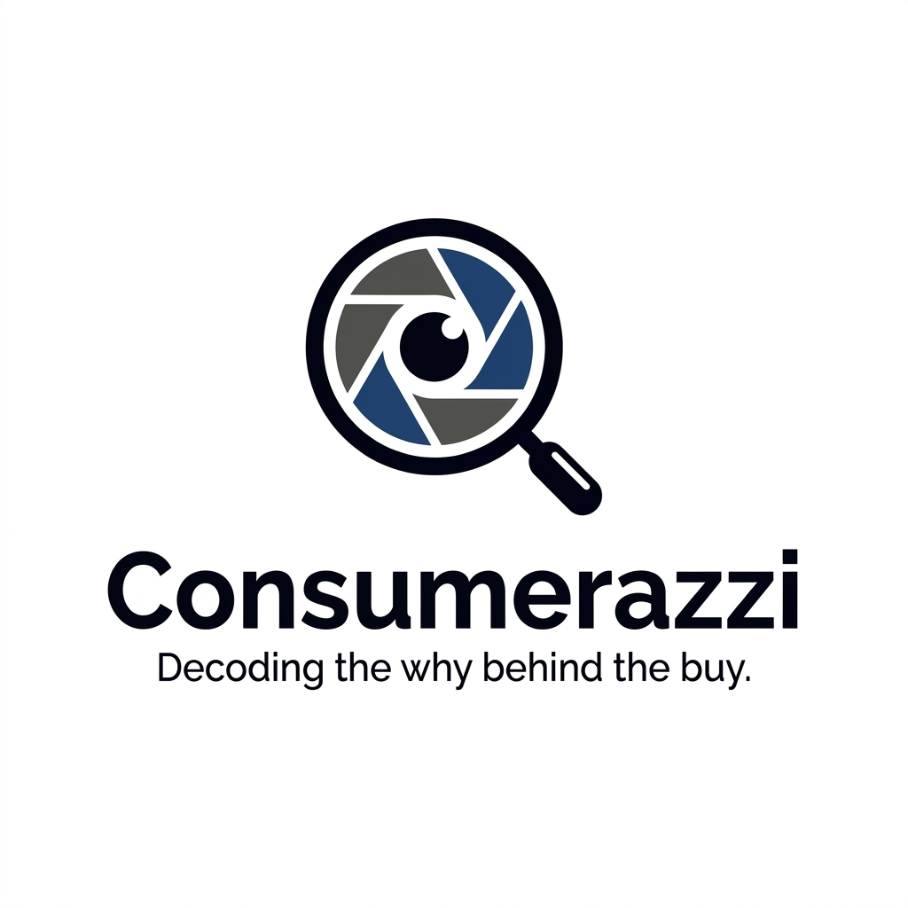 AI Design for A sophisticated and editorial-style logo for 'Consumerazzi,' featuring a minimalist, high-contrast aesthetic that blends a camera lens motif with a subtle magnifying glass element. The design uses clean, modern typography to evoke a sense of cultural authority and premium insight, set against a sleek, professional color palette. The overall vibe is polished, intellectual, and stylish, perfectly suited for a platform focused on deep-dive consumer behavior analysis.