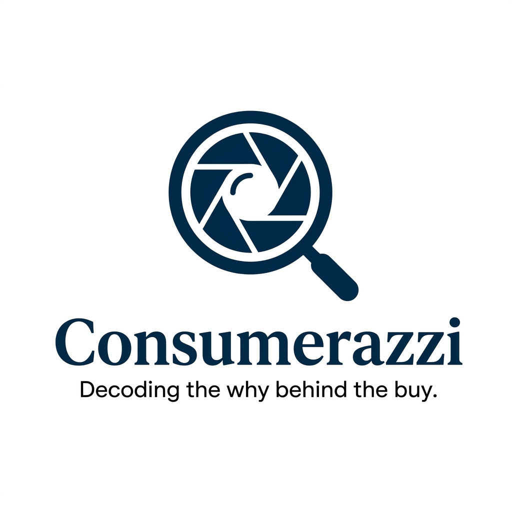 AI Design for A sophisticated and editorial-style logo for 'Consumerazzi,' featuring a minimalist, high-contrast aesthetic that blends a camera lens motif with a subtle magnifying glass element. The design uses clean, modern typography to evoke a sense of cultural authority and premium insight, set against a sleek, professional color palette. The overall vibe is polished, intellectual, and stylish, perfectly suited for a platform focused on deep-dive consumer behavior analysis.