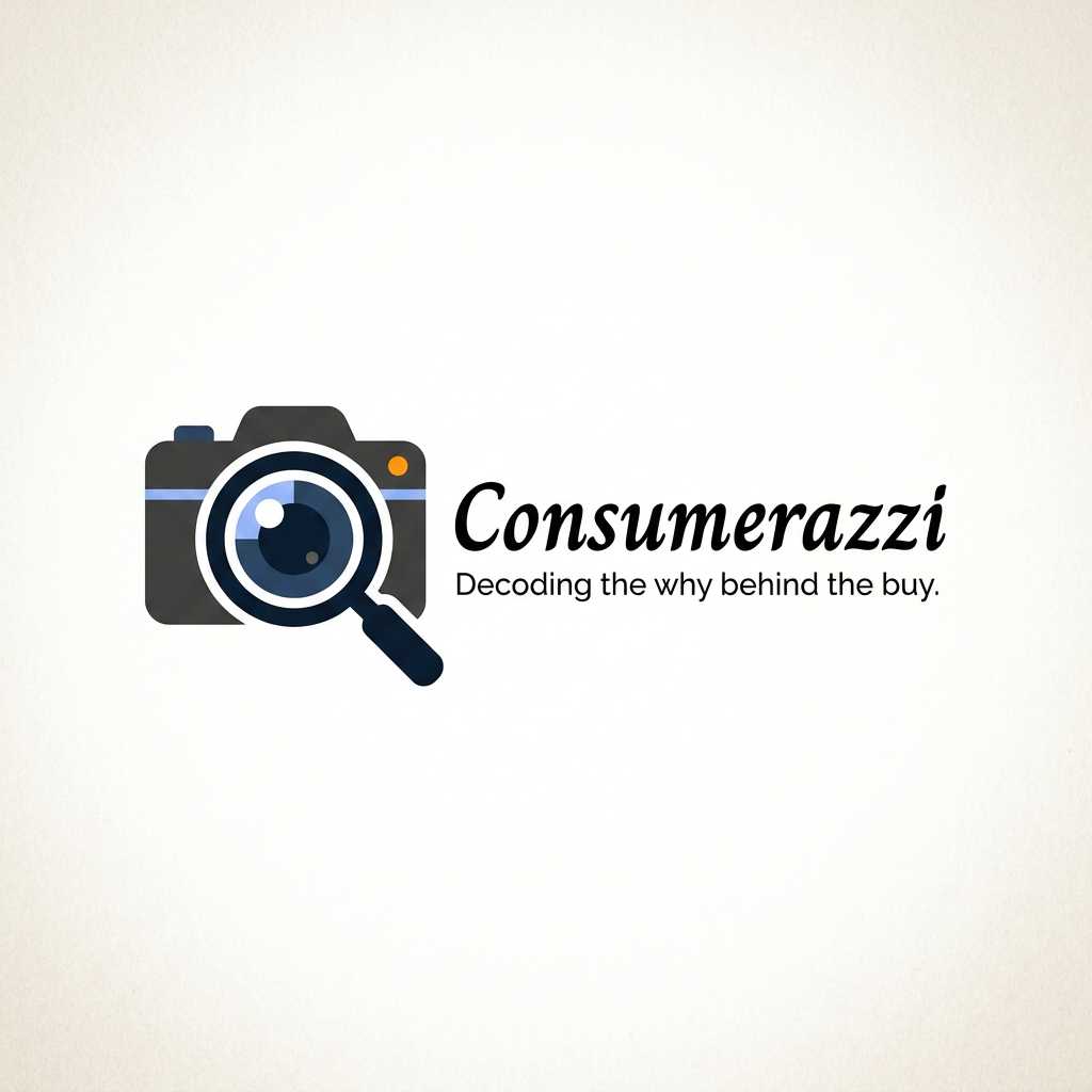 AI Design for A sophisticated and editorial-style logo for 'Consumerazzi,' featuring a minimalist, high-contrast aesthetic that blends a camera lens motif with a subtle magnifying glass element. The design uses clean, modern typography to evoke a sense of cultural authority and premium insight, set against a sleek, professional color palette. The overall vibe is polished, intellectual, and stylish, perfectly suited for a platform focused on deep-dive consumer behavior analysis.