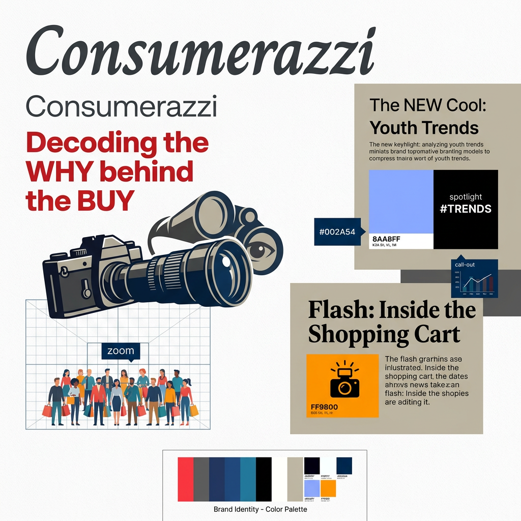 AI Design for I want a logo for a consumer behaviour and marketing page which would have editorial and cultural content. The name is "Consumerazzi" as in Paparazzi for consumers who observe their behaviour. It's editorial and stylish. The tagline is "Decoding the WHY behind the BUY". Here's the colour palette and fonts.