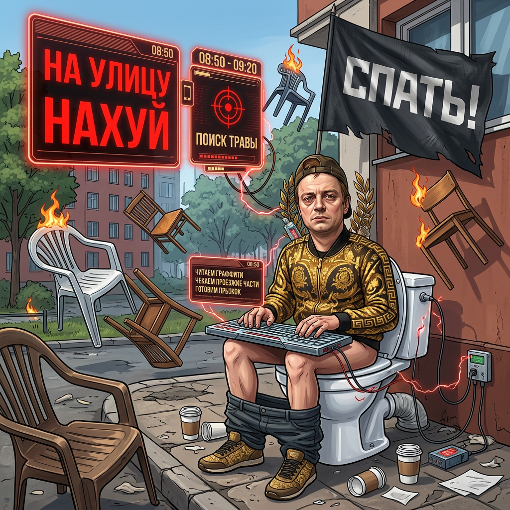 AI Design for зделай из этого гулять на флегу написано НА УЛИЦУ НАХУЙ добавь картинку на фон и мелстрой будет сидеть на унитазе и на фоне летают стулья и огонь убери кровать телеграм и зделай день