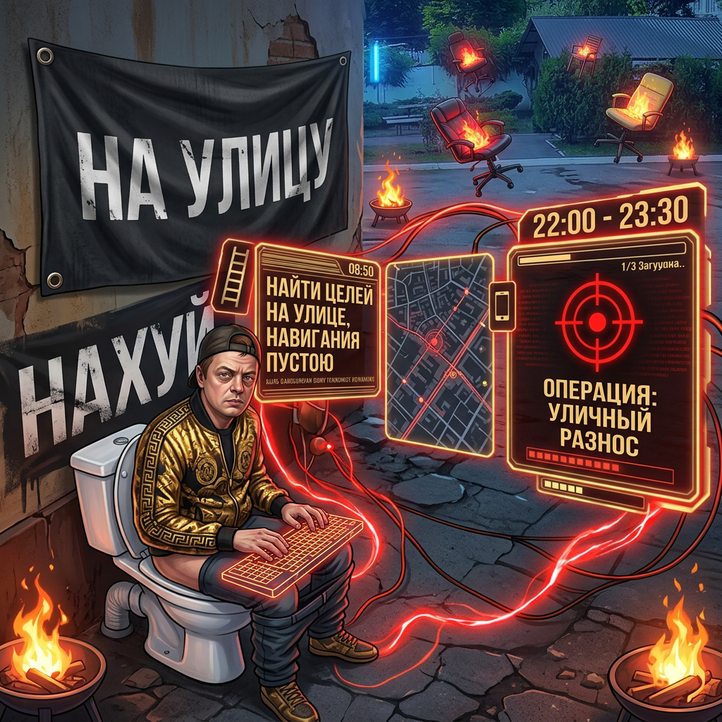 AI Design for зделай из этого гулять на флегу написано НА УЛИЦУ НАХУЙ добавь картинку на фон и мелстрой будет сидеть на унитазе и на фоне летают стулья и огонь убери кровать телеграм