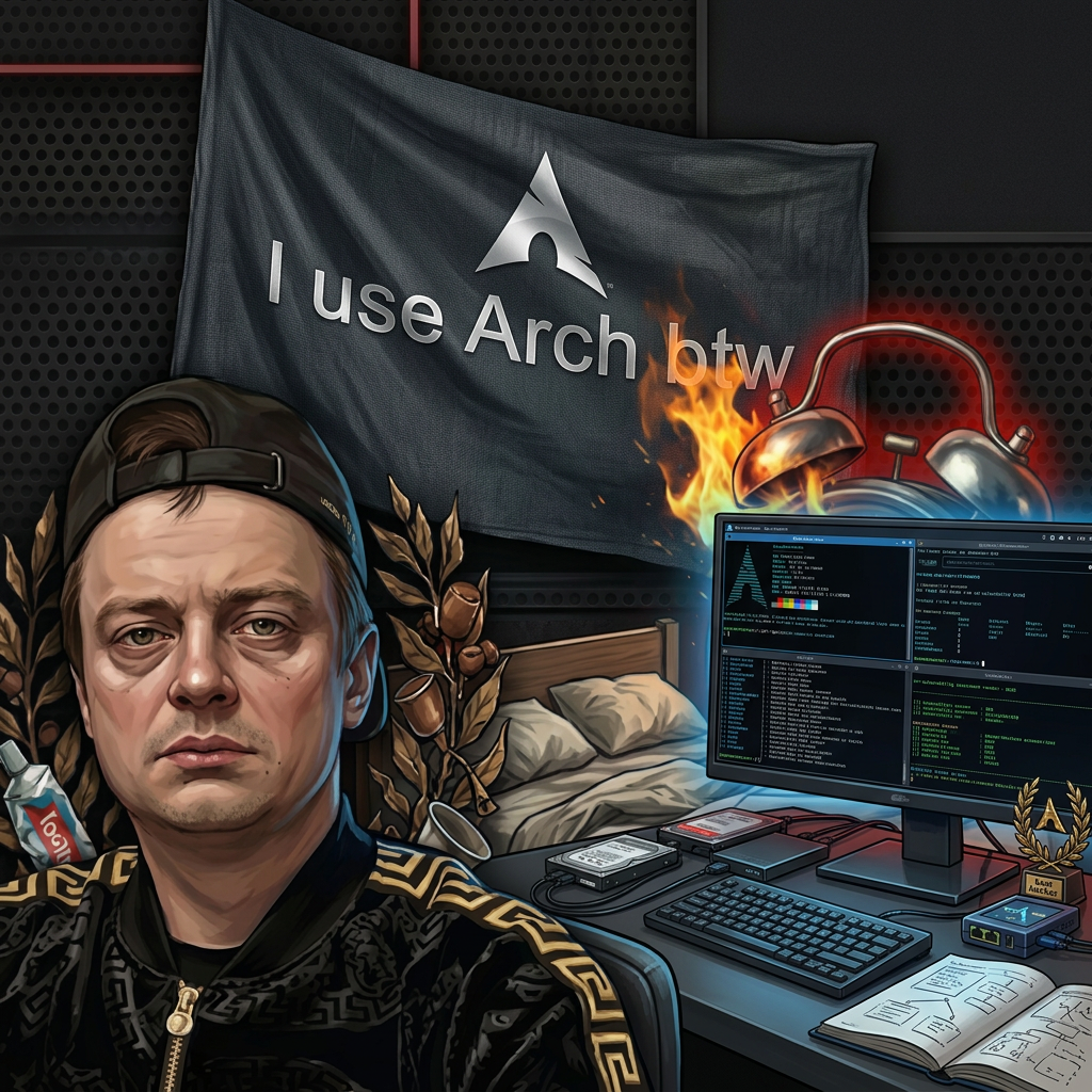 AI Design for зделай типо он ишет уязвимости и осинт и он сидит на слле с блек арч линукс с на флаге написано i use arch btw