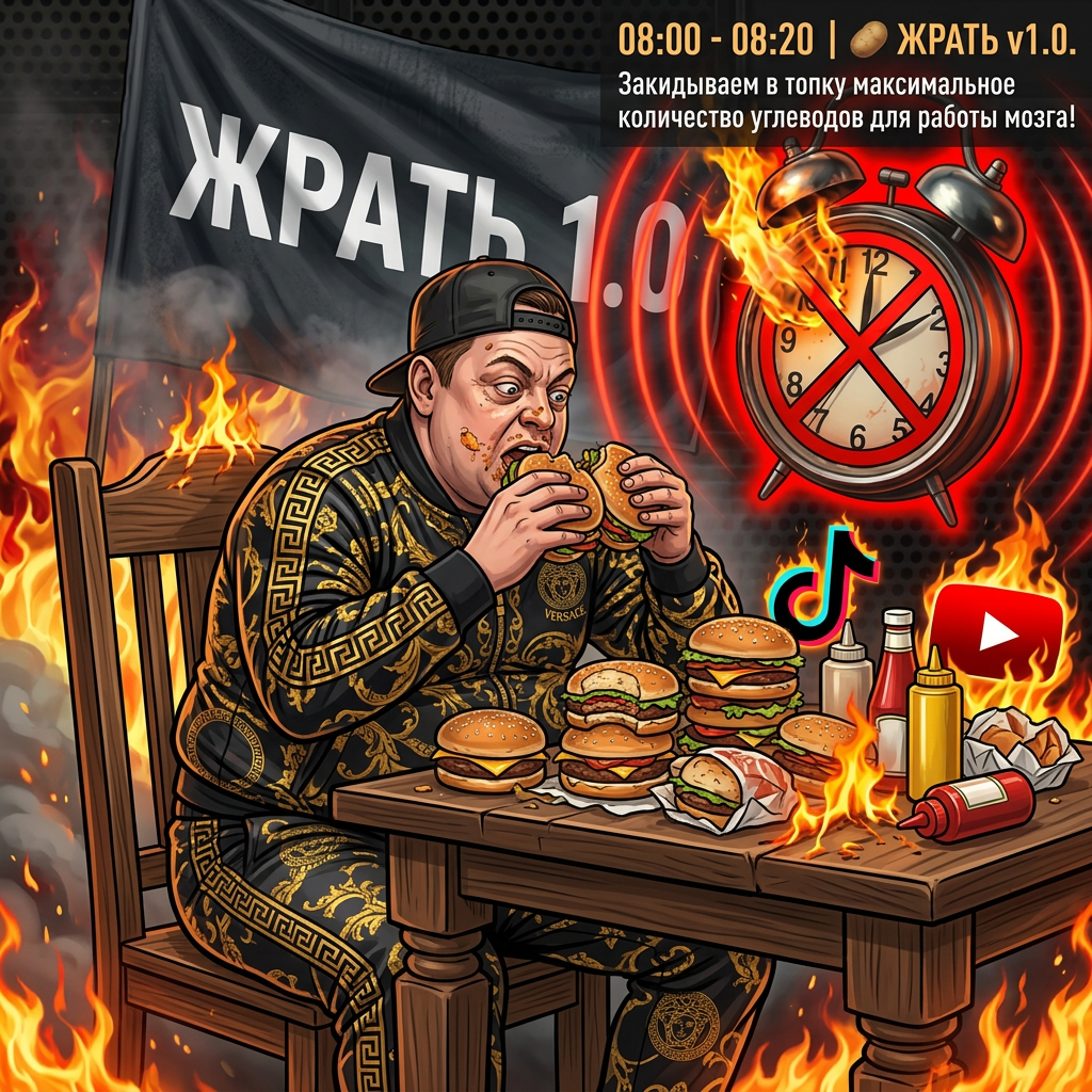 AI Design for **08:00 - 08:20** | 🥔 **ЖРАТЬ v1.0.** Закидываем в топку максимальное количество углеводов для работы мозга! И ДОБВЬ ЕКШЕНА И ВМЕСТО НА ФЛЕГЕ ЛЕНЬ НАПИШЫ ЖРАТЬ 1.0 И ЗДЕЛАЙ ЧТОБ ОН СИДЕЛ НА СЛОЛЕ И ЖРАЛ БУРГЕРЫ И ЧТОБ Н БЫЛЖЫРНИМ