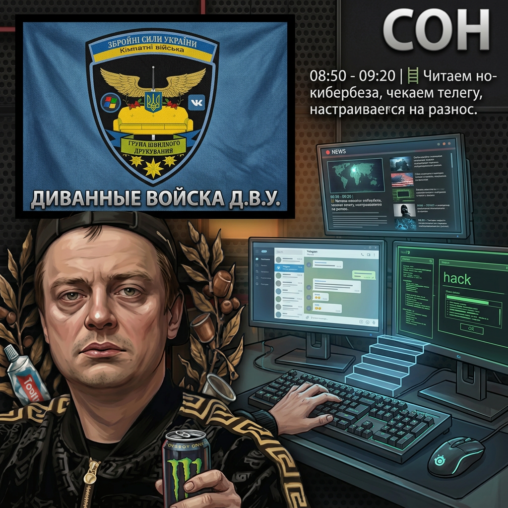 AI Design for 08:50 - 09:20 | 🪜 Читаем новости кибербеза, чекаем телегу, настраиваемся на разнос.  ЗДЕЛАЙ КАРТИНКУ В ТКОМ СТИЛЕ ДЛЯ ЕТОГО ПРИДЛОЖЕНИЯ

И НА ФЛАГЕ ПОСАВЬ ВОТ 2ТОРОЕ ФОТО И ДОПИШЫ ДИВЕНИЕ ВОЙСКА Д.В.У