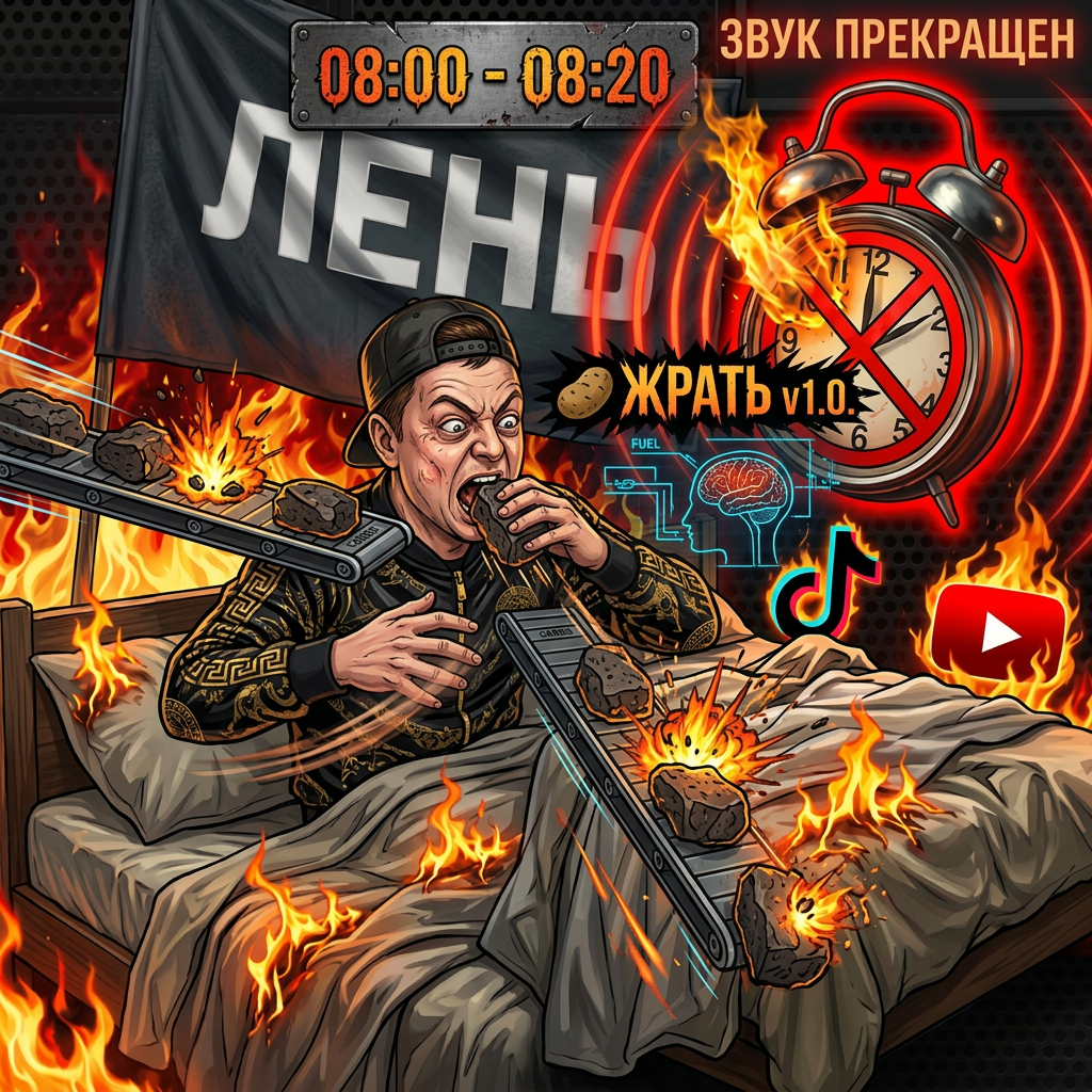 AI Design for **08:00 - 08:20** | 🥔 **ЖРАТЬ v1.0.** Закидываем в топку максимальное количество углеводов для работы мозга! И ДОБВЬ ЕКШЕНА