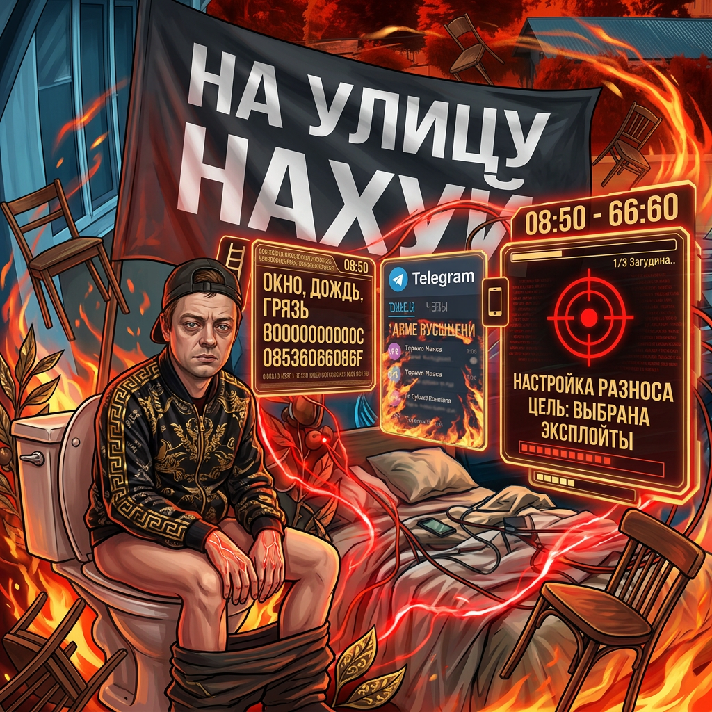 AI Design for зделай из этого гулять на флегу написано НА УЛИЦУ НАХУЙ добавь картинку на фон и мелстрой будет сидеть на унитазе и на фоне летают стулья и огонь