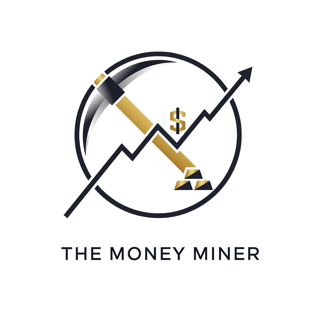 AI Design for turn the pickaxe to 45 degrees to the right, the curvature of the metal of the pickaxe should continue the curvature of the circle, the trading graph should start from out of the circle as already, and end out of the circle too, Keep the logo monochromatic, with golden black and white schematic colors. Depict the Gold and the $ symbol more schematically.