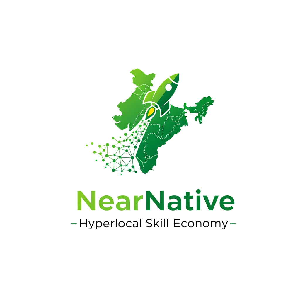 AI Design for generate a logo in green including a rocket for this app : NearNative · Hyperlocal Skill Economy · India · Full Pitch
India's real skills economy already exists.
It just doesn't have an app yet.
Not a course platform
Not a gig board
Not a review app
Not a govt. scheme
Not WhatsApp
NearNative digitises the trust layer underneath India's ₹2.5 trillion informal skill economy — voice-native, proximity-first, community-verified. The cook next door who's trained thirty families. The retired machinist. The woman who teaches classical dance from her living room. They exist. They just can't be found, booked, or paid. write a prompt to generate a logo for this app in green with a rocket in the logo