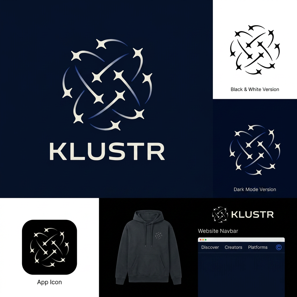 AI Design for **Design a premium brand identity and logo for a company called KLUSTR.**
### About the Brand
Klustr is a creator-brand discovery and collaboration ecosystem.
We help:
* Local businesses discover relevant local creators.
* Creators discover meaningful brand opportunities.
* Both sides build trusted, long-term collaborations.
Today, Klustr operates as a managed creator marketing service.
Over time, it will evolve into:
* A creator marketplace
* A creator network
* A collaboration infrastructure platform
Our long-term vision is:
> To become the most trusted creator-brand collaboration network in India.
---
### Core Brand Idea
**Connection Creates Growth**
Klustr exists because opportunities are created when the right people discover each other.
A creator grows.
A business grows.
A community grows.
Because the right connection happened.
---
### Logo Direction
I want the logo to feel like a premium technology brand, not a marketing agency.
Avoid:
* Social media icons
* Cameras
* Megaphones
* Handshakes
* Chat bubbles
* Influencer clichés
* Generic startup logos
* Network graph visuals
* Overly complicated illustrations
---
### Primary Visual Inspiration
The logo should be inspired by the idea of:
**Stars forming meaningful connections.**
Think:
* Individual stars representing creators and brands.
* Connections forming opportunities.
* A subtle constellation.
* Discovery.
* Alignment.
* Emergence.
The stars should connect together to create a sleek, elegant, minimal pattern that subtly forms the letter **K**.
The "K" should not be obvious or forced.
It should feel discovered rather than shown.
The viewer should first see a beautiful symbol and only later notice the K hidden inside it.
---
### Design Style
Premium
Minimal
Elegant
Sophisticated
Timeless
Confident
Modern
Luxury through simplicity
The logo should feel:
* Designer-crafted
* Intentional
* Refined
* Memorable
Not:
* Playful
* Cartoonish
* Kiddish
* Trendy
* AI-generated looking
---
### Inspiration From World-Class Brands
Study the design philosophy behind:
* Apple
* Nike
* Airbnb
* Stripe
* Linear
* Vercel
* Notion
Notice:
* Extreme simplicity
* Strong silhouette
* Timeless geometry
* Recognizable from memory
* Not literal representations of the product
---
### Symbol Requirements
The symbol must:
* Work as an app icon
* Work as a favicon
* Look premium on a black hoodie
* Work in monochrome
* Be recognizable at small sizes
* Have a strong silhouette
* Feel iconic rather than descriptive
The logo should be a **brand symbol first**, and a logo second.
---
### Color Direction
Primary palette:
* Midnight Navy
* Deep Charcoal
* Off White
* Electric Blue accent
Alternative:
* Pure Black
* White
* Single Electric Blue accent
Avoid bright startup colors.
---
### Deliverables
Generate:
1. Primary logo symbol
2. Icon-only version
3. Wordmark + icon lockup
4. Black & white version
5. Dark mode version
6. App icon mockup
7. Premium hoodie mockup
8. Website navbar mockup
Most importantly:
**Create a logo that feels like it could still be used by a billion-dollar company 15 years from now.** It should communicate trust, discovery, opportunity, and connection through elegant abstraction rather than obvious visual metaphors.