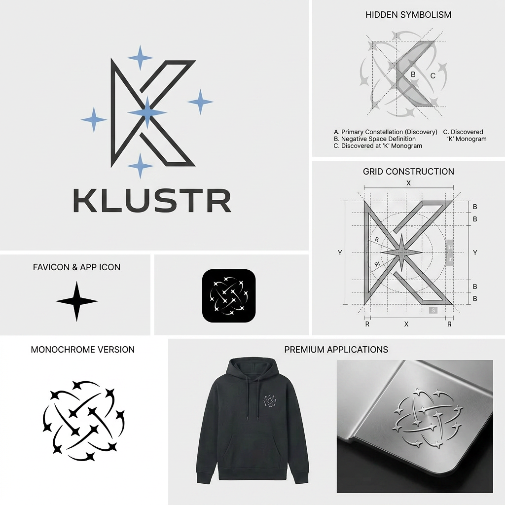 AI Design for Design a premium logo evolution for KLUSTR.
Use the attached concepts as inspiration, but do not copy them.
I want to combine:
1. The minimal geometric strength of the K monogram.
2. The discovery and constellation symbolism of the star-cluster concept.
The result should feel like a luxury technology brand.
---
ABOUT THE BRAND
Klustr helps creators and brands discover each other.
The core idea is:
Connection Creates Growth.
Creators.
Brands.
Communities.
Opportunities.
Connected into one ecosystem.
---
DESIGN GOAL
Create a symbol that feels:
Premium
Minimal
Elegant
Timeless
Memorable
Sophisticated
Not:
AI generated
Startup cliché
Creator economy
Marketing agency
Influencer platform
Social media company
---
VISUAL DIRECTION
I want a hidden K.
Not an obvious K.
The symbol should first appear as a beautiful abstract constellation.
Only on second glance should the viewer notice a K structure.
Think of:
Apple
Nike
Airbnb
Linear
Stripe
Vercel
The symbol should represent an idea rather than explain the business.
---
STAR SYSTEM
Use only 3–5 stars maximum.
Avoid:
Many stars
Complex orbits
Galaxy illustrations
Network graphs
The stars should feel intentional.
Every star must have purpose.
Think luxury watch design.
Think premium architecture.
Think celestial geometry.
---
GEOMETRY
Use strong geometric proportions.
Precise spacing.
Balanced negative space.
Consistent stroke thickness.
The mark should work:
At 16px favicon size.
As an app icon.
On a black hoodie.
On a website navbar.
Embossed on metal.
---
DESIGN PHILOSOPHY
Luxury through restraint.
Minimalism through reduction.
Sophistication through geometry.
Meaning through subtlety.
Do not design a logo.
Design a symbol.
A symbol that could still represent a billion-dollar company 20 years from now.
---
Generate:
1. Primary symbol.
2. Hidden symbolism explanation.
3. Grid construction.
4. Favicon variant.
5. Monochrome version.
6. Premium brand application examples.
Prioritize elegance over explanation.
Prioritize memorability over complexity.
Prioritize timelessness over trends.
