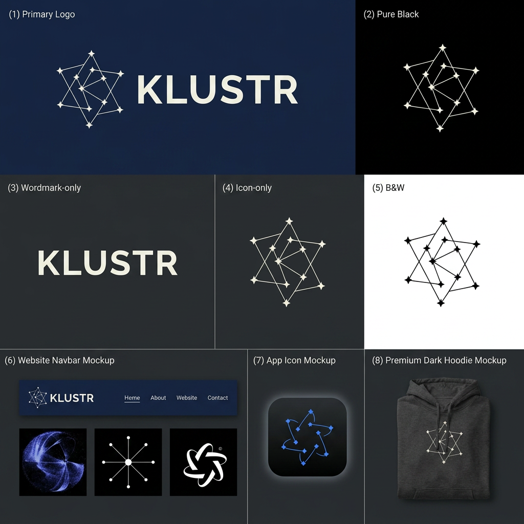 AI Design for **Design a premium brand identity and logo for a company called KLUSTR.**
### About the Brand
Klustr is a creator-brand discovery and collaboration ecosystem.
We help:
* Local businesses discover relevant local creators.
* Creators discover meaningful brand opportunities.
* Both sides build trusted, long-term collaborations.
Today, Klustr operates as a managed creator marketing service.
Over time, it will evolve into:
* A creator marketplace
* A creator network
* A collaboration infrastructure platform
Our long-term vision is:
> To become the most trusted creator-brand collaboration network in India.
---
### Core Brand Idea
**Connection Creates Growth**
Klustr exists because opportunities are created when the right people discover each other.
A creator grows.
A business grows.
A community grows.
Because the right connection happened.
---
### Logo Direction
I want the logo to feel like a premium technology brand, not a marketing agency.
Avoid:
* Social media icons
* Cameras
* Megaphones
* Handshakes
* Chat bubbles
* Influencer clichés
* Generic startup logos
* Network graph visuals
* Overly complicated illustrations
---
### Primary Visual Inspiration
The logo should be inspired by the idea of:
**Stars forming meaningful connections.**
Think:
* Individual stars representing creators and brands.
* Connections forming opportunities.
* A subtle constellation.
* Discovery.
* Alignment.
* Emergence.
The stars should connect together to create a sleek, elegant, minimal pattern that subtly forms the letter **K**.
The "K" should not be obvious or forced.
It should feel discovered rather than shown.
The viewer should first see a beautiful symbol and only later notice the K hidden inside it.
---
### Design Style
Premium
Minimal
Elegant
Sophisticated
Timeless
Confident
Modern
Luxury through simplicity
The logo should feel:
* Designer-crafted
* Intentional
* Refined
* Memorable
Not:
* Playful
* Cartoonish
* Kiddish
* Trendy
* AI-generated looking
---
### Inspiration From World-Class Brands
Study the design philosophy behind:
* Apple
* Nike
* Airbnb
* Stripe
* Linear
* Vercel
* Notion
Notice:
* Extreme simplicity
* Strong silhouette
* Timeless geometry
* Recognizable from memory
* Not literal representations of the product
---
### Symbol Requirements
The symbol must:
* Work as an app icon
* Work as a favicon
* Look premium on a black hoodie
* Work in monochrome
* Be recognizable at small sizes
* Have a strong silhouette
* Feel iconic rather than descriptive
The logo should be a **brand symbol first**, and a logo second.
---
### Color Direction
Primary palette:
* Midnight Navy
* Deep Charcoal
* Off White
* Electric Blue accent
Alternative:
* Pure Black
* White
* Single Electric Blue accent
Avoid bright startup colors.
---
### Deliverables
Generate:
1. Primary logo symbol
2. Icon-only version
3. Wordmark + icon lockup
4. Black & white version
5. Dark mode version
6. App icon mockup
7. Premium hoodie mockup
8. Website navbar mockup
Most importantly:
**Create a logo that feels like it could still be used by a billion-dollar company 15 years from now.** It should communicate trust, discovery, opportunity, and connection through elegant abstraction rather than obvious visual metaphors.