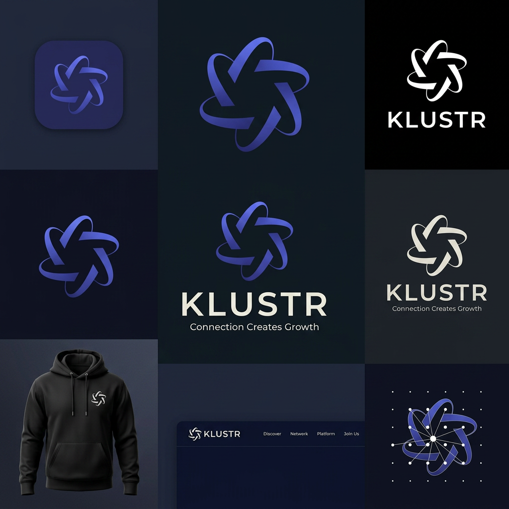 AI Design for **Design a premium brand identity and logo for a company called KLUSTR.**
### About the Brand
Klustr is a creator-brand discovery and collaboration ecosystem.
We help:
* Local businesses discover relevant local creators.
* Creators discover meaningful brand opportunities.
* Both sides build trusted, long-term collaborations.
Today, Klustr operates as a managed creator marketing service.
Over time, it will evolve into:
* A creator marketplace
* A creator network
* A collaboration infrastructure platform
Our long-term vision is:
> To become the most trusted creator-brand collaboration network in India.
---
### Core Brand Idea
**Connection Creates Growth**
Klustr exists because opportunities are created when the right people discover each other.
A creator grows.
A business grows.
A community grows.
Because the right connection happened.
---
### Logo Direction
I want the logo to feel like a premium technology brand, not a marketing agency.
Avoid:
* Social media icons
* Cameras
* Megaphones
* Handshakes
* Chat bubbles
* Influencer clichés
* Generic startup logos
* Network graph visuals
* Overly complicated illustrations
---
### Primary Visual Inspiration
The logo should be inspired by the idea of:
**Stars forming meaningful connections.**
Think:
* Individual stars representing creators and brands.
* Connections forming opportunities.
* A subtle constellation.
* Discovery.
* Alignment.
* Emergence.
The stars should connect together to create a sleek, elegant, minimal pattern that subtly forms the letter **K**.
The "K" should not be obvious or forced.
It should feel discovered rather than shown.
The viewer should first see a beautiful symbol and only later notice the K hidden inside it.
---
### Design Style
Premium
Minimal
Elegant
Sophisticated
Timeless
Confident
Modern
Luxury through simplicity
The logo should feel:
* Designer-crafted
* Intentional
* Refined
* Memorable
Not:
* Playful
* Cartoonish
* Kiddish
* Trendy
* AI-generated looking
---
### Inspiration From World-Class Brands
Study the design philosophy behind:
* Apple
* Nike
* Airbnb
* Stripe
* Linear
* Vercel
* Notion
Notice:
* Extreme simplicity
* Strong silhouette
* Timeless geometry
* Recognizable from memory
* Not literal representations of the product
---
### Symbol Requirements
The symbol must:
* Work as an app icon
* Work as a favicon
* Look premium on a black hoodie
* Work in monochrome
* Be recognizable at small sizes
* Have a strong silhouette
* Feel iconic rather than descriptive
The logo should be a **brand symbol first**, and a logo second.
---
### Color Direction
Primary palette:
* Midnight Navy
* Deep Charcoal
* Off White
* Electric Blue accent
Alternative:
* Pure Black
* White
* Single Electric Blue accent
Avoid bright startup colors.
---
### Deliverables
Generate:
1. Primary logo symbol
2. Icon-only version
3. Wordmark + icon lockup
4. Black & white version
5. Dark mode version
6. App icon mockup
7. Premium hoodie mockup
8. Website navbar mockup
Most importantly:
**Create a logo that feels like it could still be used by a billion-dollar company 15 years from now.** It should communicate trust, discovery, opportunity, and connection through elegant abstraction rather than obvious visual metaphors.