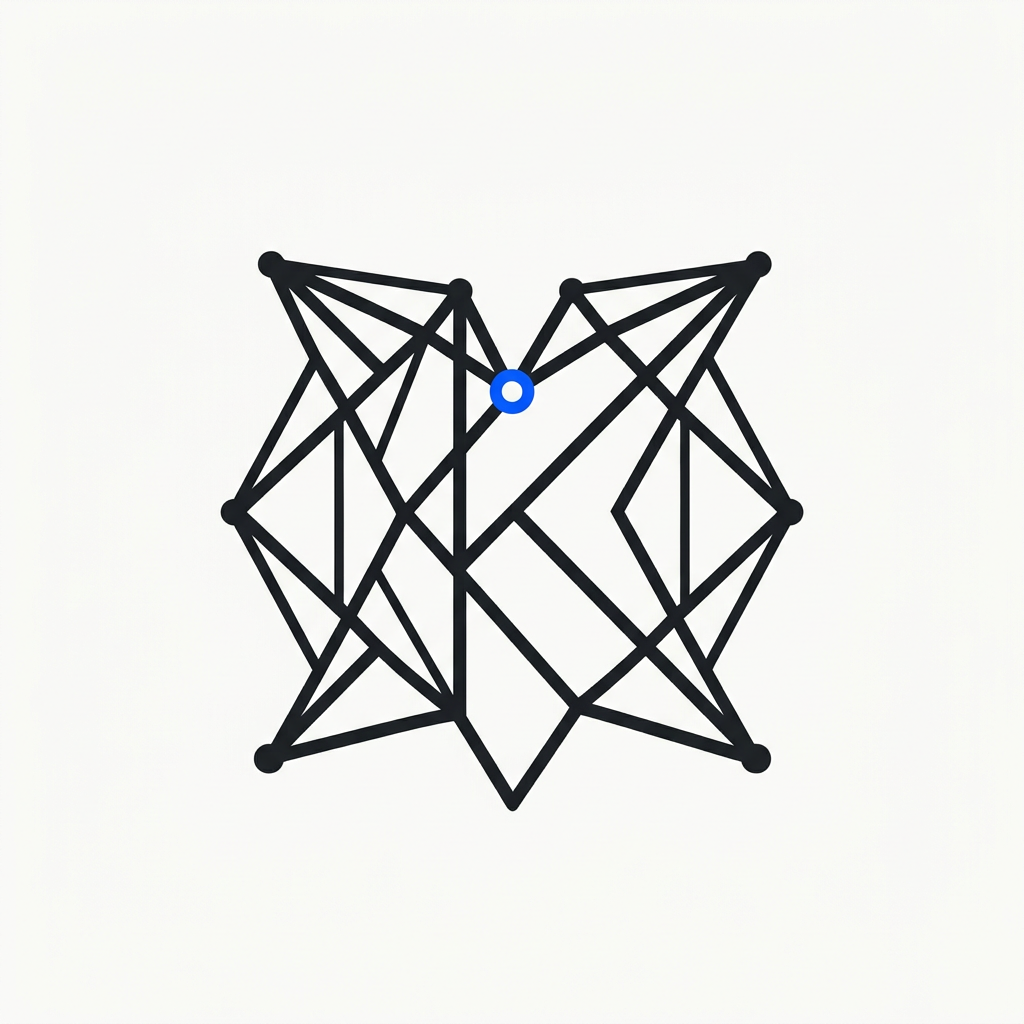 AI Design for "A minimalist, premium logo symbol for a global tech infrastructure brand. The design is a sophisticated, abstract constellation constructed from sharp, precise, geometric lines of varying weights. These lines intersect to form a subtle, hidden 'K' silhouette within the negative space—not a literal font, but a structure discovered through alignment. The aesthetic is clean, timeless, and architectural, similar to Stripe or Linear. Color palette: deep charcoal and off-white. One single, deliberate intersection point is highlighted in electric blue to signify a connection. Vector-style, high-contrast, perfectly symmetrical, strong silhouette, no shading, no gradients, white background."