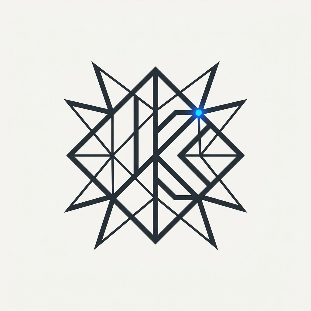AI Design for "A minimalist, premium logo symbol for a global tech infrastructure brand. The design is a sophisticated, abstract constellation constructed from sharp, precise, geometric lines of varying weights. These lines intersect to form a subtle, hidden 'K' silhouette within the negative space—not a literal font, but a structure discovered through alignment. The aesthetic is clean, timeless, and architectural, similar to Stripe or Linear. Color palette: deep charcoal and off-white. One single, deliberate intersection point is highlighted in electric blue to signify a connection. Vector-style, high-contrast, perfectly symmetrical, strong silhouette, no shading, no gradients, white background."