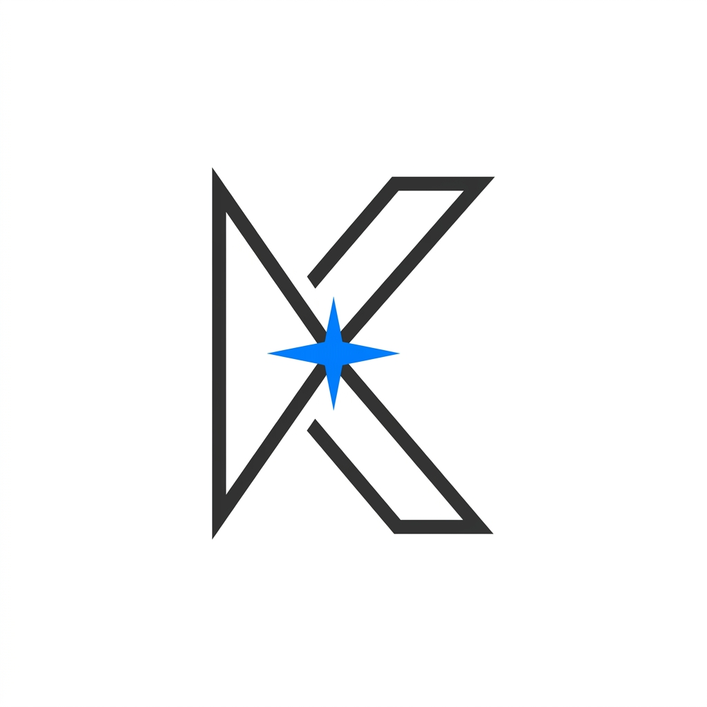 AI Design for A minimalist, premium logo symbol. An abstract, sharp geometric 'K' formed solely by the connection of a few elegant star-points at line intersections. The design is extremely sparse and architectural, using only 3-4 clean, weighted lines. No clutter, no gradients, no literal star icons—the stars are represented by the precise vertices of the lines. Deep charcoal lines on white, with one single electric blue star-point at the center of the 'K'. Timeless, iconic, high-end tech aesthetic, clear silhouette."
