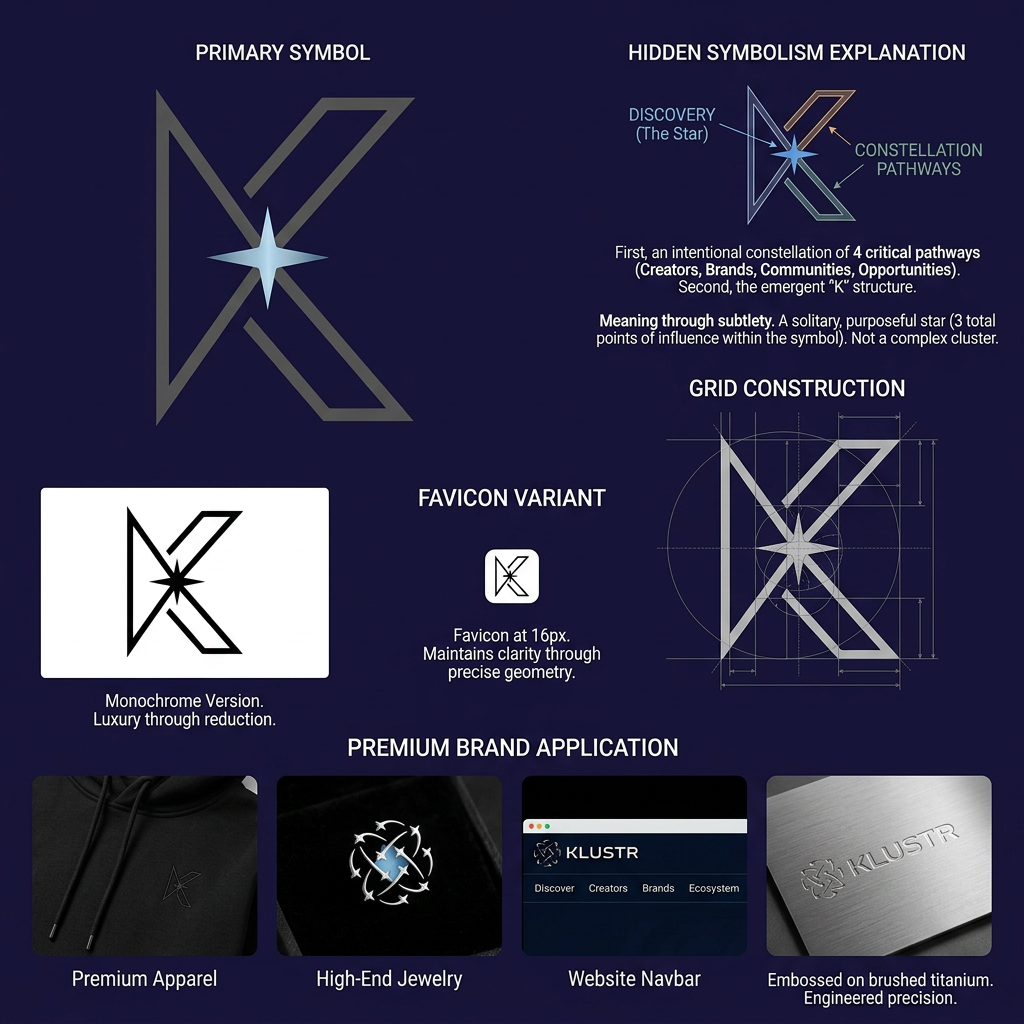 AI Design for Design a premium logo evolution for KLUSTR.
Use the attached concepts as inspiration, but do not copy them.
I want to combine:
1. The minimal geometric strength of the K monogram.
2. The discovery and constellation symbolism of the star-cluster concept.
The result should feel like a luxury technology brand.
---
ABOUT THE BRAND
Klustr helps creators and brands discover each other.
The core idea is:
Connection Creates Growth.
Creators.
Brands.
Communities.
Opportunities.
Connected into one ecosystem.
---
DESIGN GOAL
Create a symbol that feels:
Premium
Minimal
Elegant
Timeless
Memorable
Sophisticated
Not:
AI generated
Startup cliché
Creator economy
Marketing agency
Influencer platform
Social media company
---
VISUAL DIRECTION
I want a hidden K.
Not an obvious K.
The symbol should first appear as a beautiful abstract constellation.
Only on second glance should the viewer notice a K structure.
Think of:
Apple
Nike
Airbnb
Linear
Stripe
Vercel
The symbol should represent an idea rather than explain the business.
---
STAR SYSTEM
Use only 3–5 stars maximum.
Avoid:
Many stars
Complex orbits
Galaxy illustrations
Network graphs
The stars should feel intentional.
Every star must have purpose.
Think luxury watch design.
Think premium architecture.
Think celestial geometry.
---
GEOMETRY
Use strong geometric proportions.
Precise spacing.
Balanced negative space.
Consistent stroke thickness.
The mark should work:
At 16px favicon size.
As an app icon.
On a black hoodie.
On a website navbar.
Embossed on metal.
---
DESIGN PHILOSOPHY
Luxury through restraint.
Minimalism through reduction.
Sophistication through geometry.
Meaning through subtlety.
Do not design a logo.
Design a symbol.
A symbol that could still represent a billion-dollar company 20 years from now.
---
Generate:
1. Primary symbol.
2. Hidden symbolism explanation.
3. Grid construction.
4. Favicon variant.
5. Monochrome version.
6. Premium brand application examples.
Prioritize elegance over explanation.
Prioritize memorability over complexity.
Prioritize timelessness over trends.