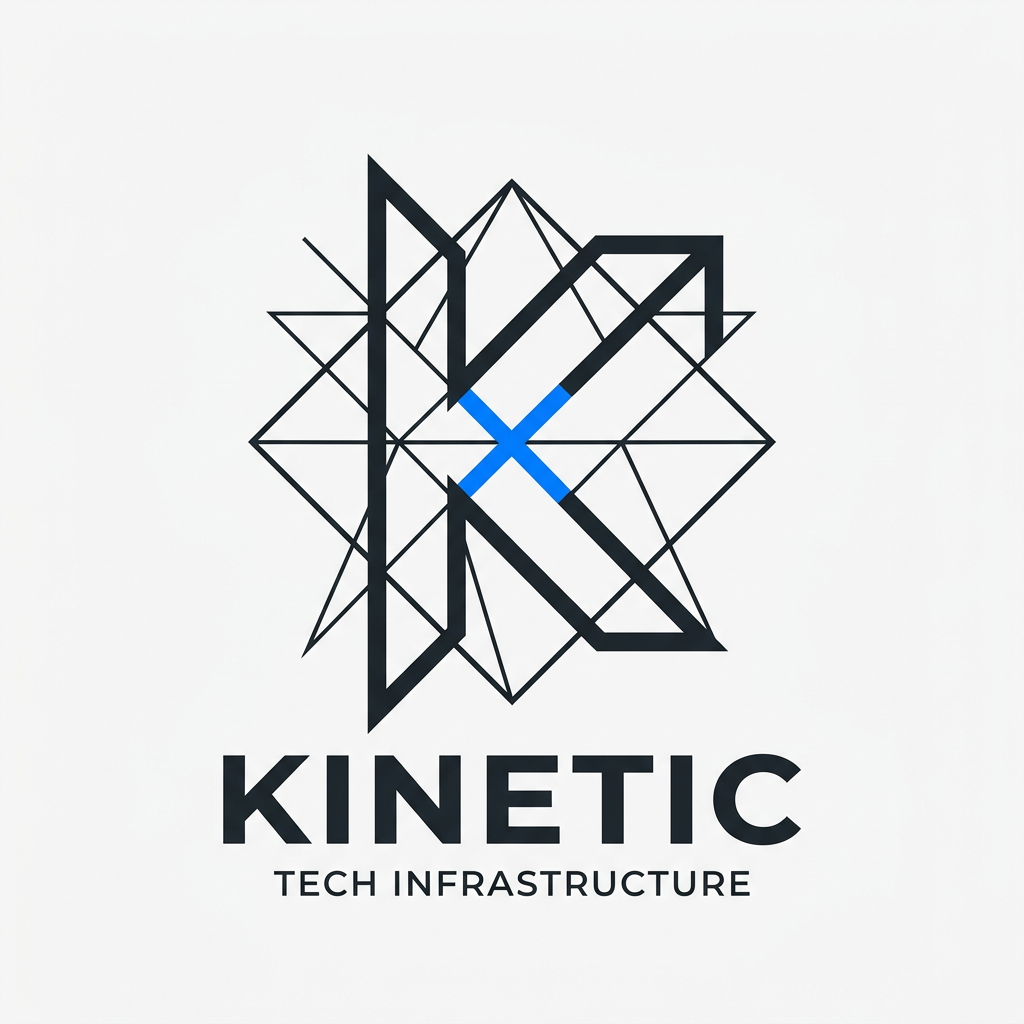 AI Design for "A minimalist, premium logo symbol for a global tech infrastructure brand. The design is a sophisticated, abstract constellation constructed from sharp, precise, geometric lines of varying weights. These lines intersect to form a subtle, hidden 'K' silhouette within the negative space—not a literal font, but a structure discovered through alignment. The aesthetic is clean, timeless, and architectural, similar to Stripe or Linear. Color palette: deep charcoal and off-white. One single, deliberate intersection point is highlighted in electric blue to signify a connection. Vector-style, high-contrast, perfectly symmetrical, strong silhouette, no shading, no gradients, white background."