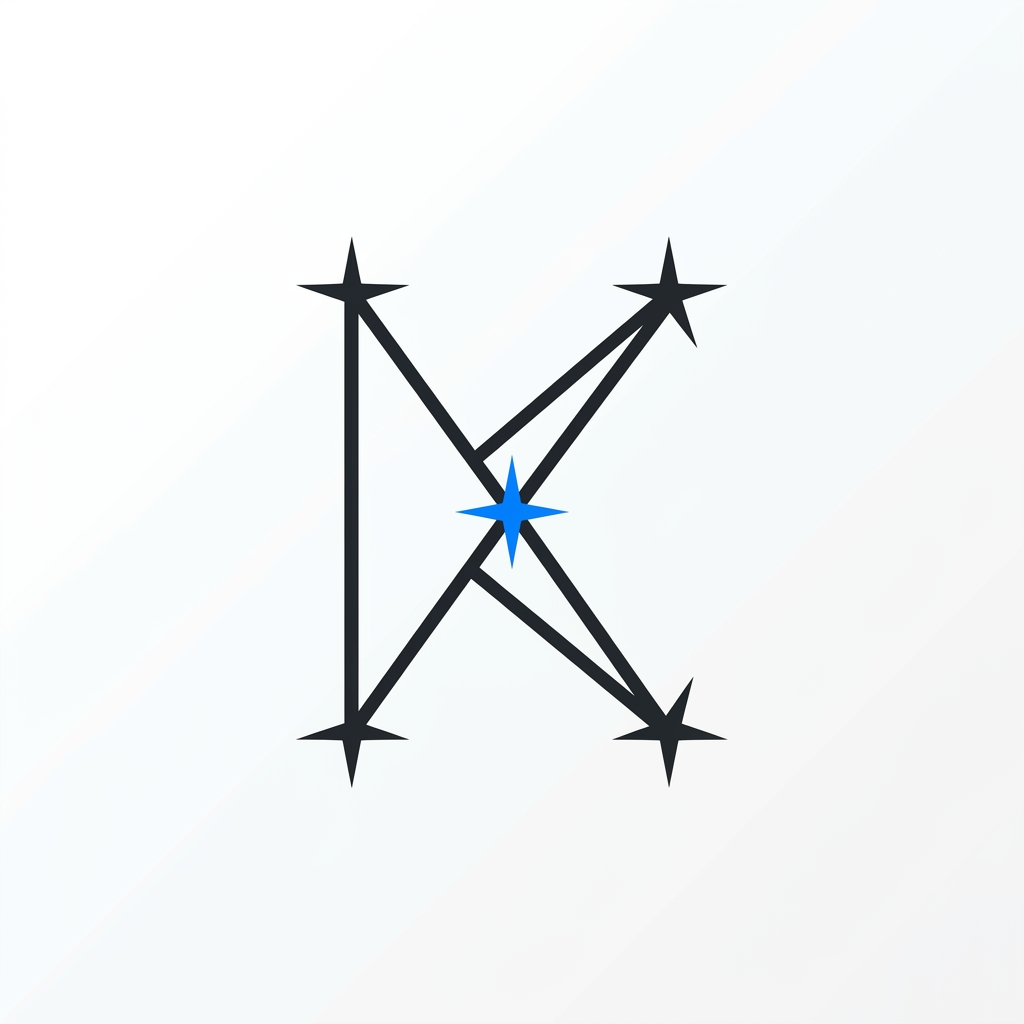 AI Design for A minimalist, premium logo symbol. An abstract, sharp geometric 'K' formed solely by the connection of a few elegant star-points at line intersections. The design is extremely sparse and architectural, using only 3-4 clean, weighted lines. No clutter, no gradients, no literal star icons—the stars are represented by the precise vertices of the lines. Deep charcoal lines on white, with one single electric blue star-point at the center of the 'K'. Timeless, iconic, high-end tech aesthetic, clear silhouette."