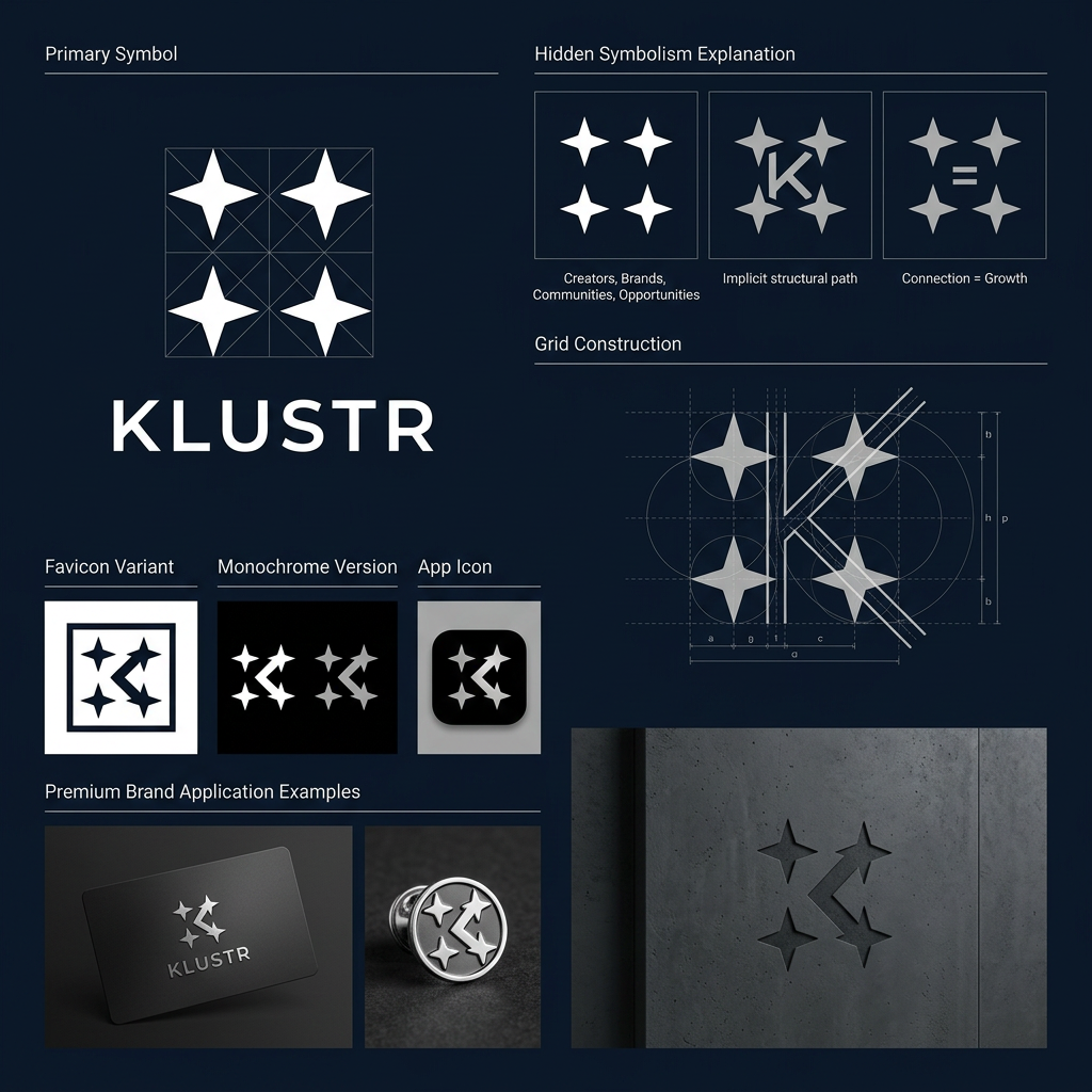 AI Design for Design a premium logo evolution for KLUSTR.
Use the attached concepts as inspiration, but do not copy them.
I want to combine:
1. The minimal geometric strength of the K monogram.
2. The discovery and constellation symbolism of the star-cluster concept.
The result should feel like a luxury technology brand.
---
ABOUT THE BRAND
Klustr helps creators and brands discover each other.
The core idea is:
Connection Creates Growth.
Creators.
Brands.
Communities.
Opportunities.
Connected into one ecosystem.
---
DESIGN GOAL
Create a symbol that feels:
Premium
Minimal
Elegant
Timeless
Memorable
Sophisticated
Not:
AI generated
Startup cliché
Creator economy
Marketing agency
Influencer platform
Social media company
---
VISUAL DIRECTION
I want a hidden K.
Not an obvious K.
The symbol should first appear as a beautiful abstract constellation.
Only on second glance should the viewer notice a K structure.
Think of:
Apple
Nike
Airbnb
Linear
Stripe
Vercel
The symbol should represent an idea rather than explain the business.
---
STAR SYSTEM
Use only 3–5 stars maximum.
Avoid:
Many stars
Complex orbits
Galaxy illustrations
Network graphs
The stars should feel intentional.
Every star must have purpose.
Think luxury watch design.
Think premium architecture.
Think celestial geometry.
---
GEOMETRY
Use strong geometric proportions.
Precise spacing.
Balanced negative space.
Consistent stroke thickness.
The mark should work:
At 16px favicon size.
As an app icon.
On a black hoodie.
On a website navbar.
Embossed on metal.
---
DESIGN PHILOSOPHY
Luxury through restraint.
Minimalism through reduction.
Sophistication through geometry.
Meaning through subtlety.
Do not design a logo.
Design a symbol.
A symbol that could still represent a billion-dollar company 20 years from now.
---
Generate:
1. Primary symbol.
2. Hidden symbolism explanation.
3. Grid construction.
4. Favicon variant.
5. Monochrome version.
6. Premium brand application examples.
Prioritize elegance over explanation.
Prioritize memorability over complexity.
Prioritize timelessness over trends.
