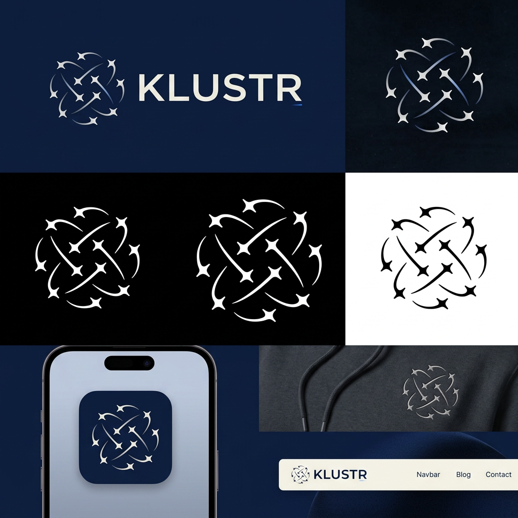 AI Design for **Design a premium brand identity and logo for a company called KLUSTR.**
### About the Brand
Klustr is a creator-brand discovery and collaboration ecosystem.
We help:
* Local businesses discover relevant local creators.
* Creators discover meaningful brand opportunities.
* Both sides build trusted, long-term collaborations.
Today, Klustr operates as a managed creator marketing service.
Over time, it will evolve into:
* A creator marketplace
* A creator network
* A collaboration infrastructure platform
Our long-term vision is:
> To become the most trusted creator-brand collaboration network in India.
---
### Core Brand Idea
**Connection Creates Growth**
Klustr exists because opportunities are created when the right people discover each other.
A creator grows.
A business grows.
A community grows.
Because the right connection happened.
---
### Logo Direction
I want the logo to feel like a premium technology brand, not a marketing agency.
Avoid:
* Social media icons
* Cameras
* Megaphones
* Handshakes
* Chat bubbles
* Influencer clichés
* Generic startup logos
* Network graph visuals
* Overly complicated illustrations
---
### Primary Visual Inspiration
The logo should be inspired by the idea of:
**Stars forming meaningful connections.**
Think:
* Individual stars representing creators and brands.
* Connections forming opportunities.
* A subtle constellation.
* Discovery.
* Alignment.
* Emergence.
The stars should connect together to create a sleek, elegant, minimal pattern that subtly forms the letter **K**.
The "K" should not be obvious or forced.
It should feel discovered rather than shown.
The viewer should first see a beautiful symbol and only later notice the K hidden inside it.
---
### Design Style
Premium
Minimal
Elegant
Sophisticated
Timeless
Confident
Modern
Luxury through simplicity
The logo should feel:
* Designer-crafted
* Intentional
* Refined
* Memorable
Not:
* Playful
* Cartoonish
* Kiddish
* Trendy
* AI-generated looking
---
### Inspiration From World-Class Brands
Study the design philosophy behind:
* Apple
* Nike
* Airbnb
* Stripe
* Linear
* Vercel
* Notion
Notice:
* Extreme simplicity
* Strong silhouette
* Timeless geometry
* Recognizable from memory
* Not literal representations of the product
---
### Symbol Requirements
The symbol must:
* Work as an app icon
* Work as a favicon
* Look premium on a black hoodie
* Work in monochrome
* Be recognizable at small sizes
* Have a strong silhouette
* Feel iconic rather than descriptive
The logo should be a **brand symbol first**, and a logo second.
---
### Color Direction
Primary palette:
* Midnight Navy
* Deep Charcoal
* Off White
* Electric Blue accent
Alternative:
* Pure Black
* White
* Single Electric Blue accent
Avoid bright startup colors.
---
### Deliverables
Generate:
1. Primary logo symbol
2. Icon-only version
3. Wordmark + icon lockup
4. Black & white version
5. Dark mode version
6. App icon mockup
7. Premium hoodie mockup
8. Website navbar mockup
Most importantly:
**Create a logo that feels like it could still be used by a billion-dollar company 15 years from now.** It should communicate trust, discovery, opportunity, and connection through elegant abstraction rather than obvious visual metaphors.