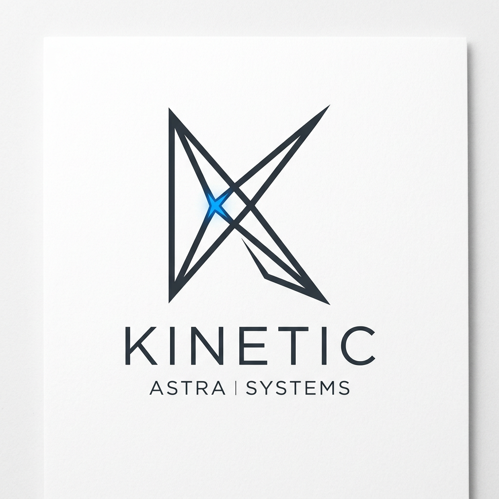 AI Design for A minimalist, premium logo symbol. An abstract, sharp geometric 'K' formed solely by the connection of a few elegant star-points at line intersections. The design is extremely sparse and architectural, using only 3-4 clean, weighted lines. No clutter, no gradients, no literal star icons—the stars are represented by the precise vertices of the lines. Deep charcoal lines on white, with one single electric blue star-point at the center of the 'K'. Timeless, iconic, high-end tech aesthetic, clear silhouette."
