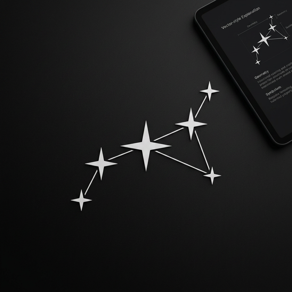 AI Design for Build on the observatory/star-chart direction and evolve it into a true constellation.
Create a premium, minimal logo made from a small number of stars connected by precise, elegant lines to form a unique constellation.
## Core Direction
* 3–7 stars maximum.
* Stars should be rendered as precise four-point star forms (equal-armed, with linear tapering) — not circles, sparkles, or decorative shapes.
* Connect the stars with thin, refined geometric lines to create a single balanced constellation.
* The constellation should feel intentional and ownable, not random or generic.
* The structure should communicate alignment, discovery, and meaningful connection through geometry and spacing alone.
## Design Principles
* Premium.
* Minimal.
* Timeless.
* Elegant.
* Sophisticated.
Inspired by:
* Real astronomy
* Celestial maps
* Observatory charts
* Star clusters
The beauty should come from:
* Geometry
* Proportion
* Spacing
* Balance
* Silhouette
Not from:
* Effects
* Decoration
* Complexity
## Visual Requirements
* Vary star sizes slightly to represent different magnitudes.
* Use a constellation structure that feels naturally discovered rather than artificially designed.
* The constellation should be memorable enough to function as a standalone brand symbol.
* The lines should feel secondary to the stars and exist only to reveal the relationship between them.
* The overall silhouette should be recognizable even when viewed from a distance.
## Avoid
* Hidden letters
* Hidden K
* Monograms
* Circles or generic nodes
* Network graph aesthetics
* Blockchain-style connected dots
* Cartoon stars
* Sparkles or twinkles
* Orbit paths
* Galaxy illustrations
* Gradients
* Glows
* Shadows
* Visual effects
* Overly dense or crowded constellations
## Goal
Create an original constellation symbol that embodies the essence of a cluster of stars becoming something greater together.
The final mark should feel like it belongs beside Apple, Nike, Airbnb, Linear, Stripe, Vercel, and Notion — simple, iconic, scalable, and timeless.
## Deliver
Provide:
1. One strongest logo direction.
2. Geometry explanation.
3. Symbolism explanation.
4. Scalability analysis.
5. Why it is memorable.
6. Why it could remain relevant for 20+ years as a brand symbol.