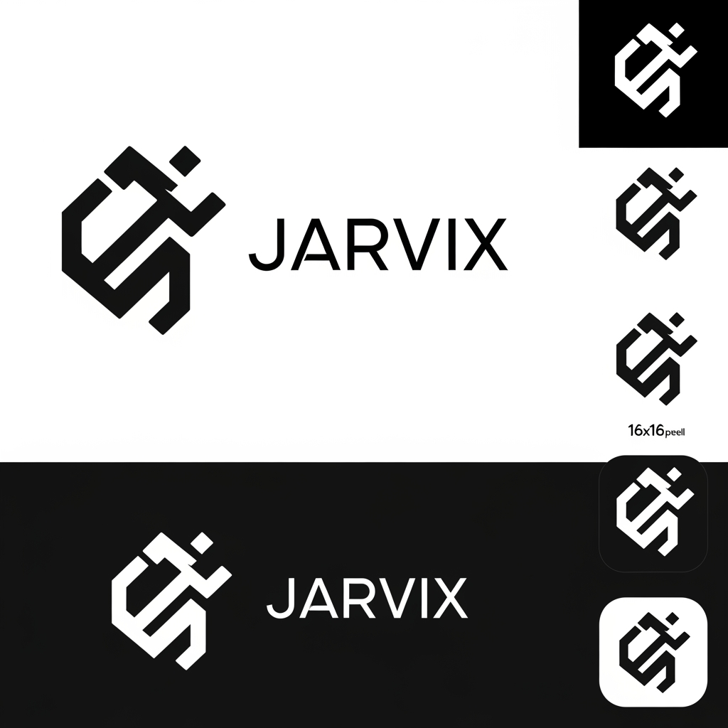 AI Design for Design an iconic black-and-white logo for a premium digital brand named "Jarvix".
Do NOT create a typical web design agency logo.
Do NOT use:
* Cursors
* Monitors
* Code brackets
* Laptops
* Rockets
* Light bulbs
* AI brains
* Globes
* Generic arrows
* Network nodes
* Stock startup symbols
Instead, create a logo that communicates sophistication through abstraction.
The symbol should feel like it belongs to a company that builds digital experiences, websites, and modern brands, but without literally showing any of those things.
Creative Direction:
Think of the logo as a piece of visual architecture.
The symbol should evoke:
* Structure
* Precision
* Craftsmanship
* Systems
* Elegance
* Momentum
* Confidence
* Modernity
without directly illustrating them.
Visual Style:
* Ultra minimalist
* Geometric
* Monochrome
* Flat vector
* Strong silhouette
* Timeless
* Memorable
* Premium
* Swiss-inspired
* Technology-luxury aesthetic
Design Principles:
* Use simple geometric forms
* Prioritize negative space
* Minimize the number of elements
* The logo should remain recognizable at 16x16 pixels
* The symbol should work as a favicon, app icon, sticker, billboard, and website navbar
Concept Exploration:
Explore symbols inspired by:
* Modular systems
* Architectural frameworks
* Interlocking forms
* Abstract construction
* Balance and symmetry
* Digital craftsmanship
* Grid-based thinking
* Precision-engineered objects
* Rare geometric phenomena
The logo should not immediately reveal its meaning.
It should become more interesting the longer someone looks at it.
Visual Benchmark:
The level of confidence and simplicity found in:
Apple
Airbnb
Vercel
Linear
Stripe
Arc Browser
Notion
Raycast
Ramp
Do not copy any existing logo.
Typography:
Create a refined custom wordmark for "Jarvix".
* Geometric sans-serif
* Excellent kerning
* Premium spacing
* Minimal modifications
* Elegant proportions
Output:
1. Symbol only
2. Symbol + wordmark
3. Black on white
4. White on black
5. Favicon version
6. App icon version
Final Test:
If the logo appeared on a laptop at a startup conference, it should look like a company people assume has already raised $20M in funding.
The design should feel intelligent, expensive, understated, and impossible to mistake for a generic agency logo.