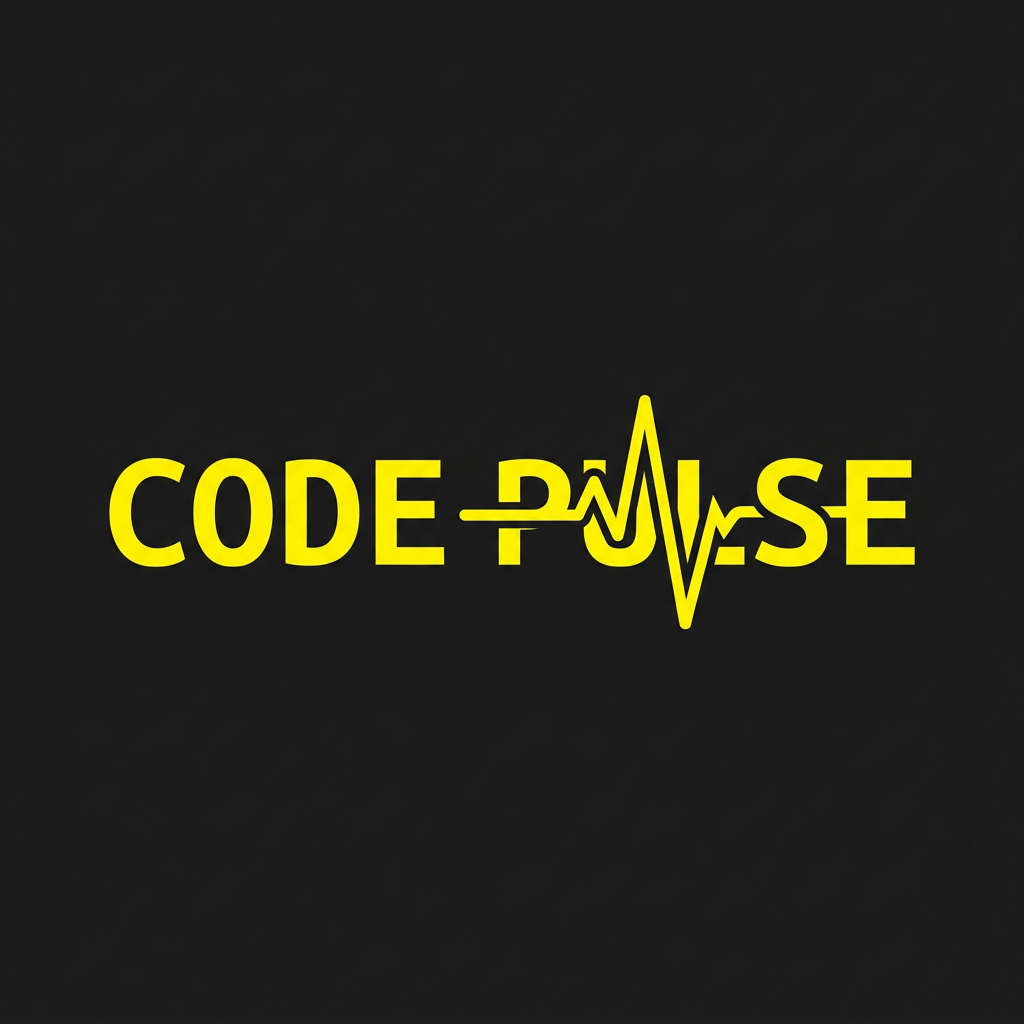 AI Design for A sleek, professional minimalist logo for 'CODE PULSE' featuring a modern geometric pulse line integrated into the typography. Use a bold Ubuntu Mono font style with a high-contrast color palette of vibrant yellow and matte black. The design should be clean, vector-style, and centered on a solid background for maximum impact.