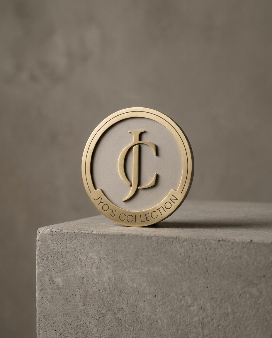 AI Design for A highly refined brand logo for the brand "Jyo's Collection" , professional studio composition featuring a minimalist aesthetic and clean lines. Use soft, directional cinematic lighting to emphasize premium textures and high-end materials, set against a neutral, sophisticated backdrop to ensure a polished and elevated visual impact.