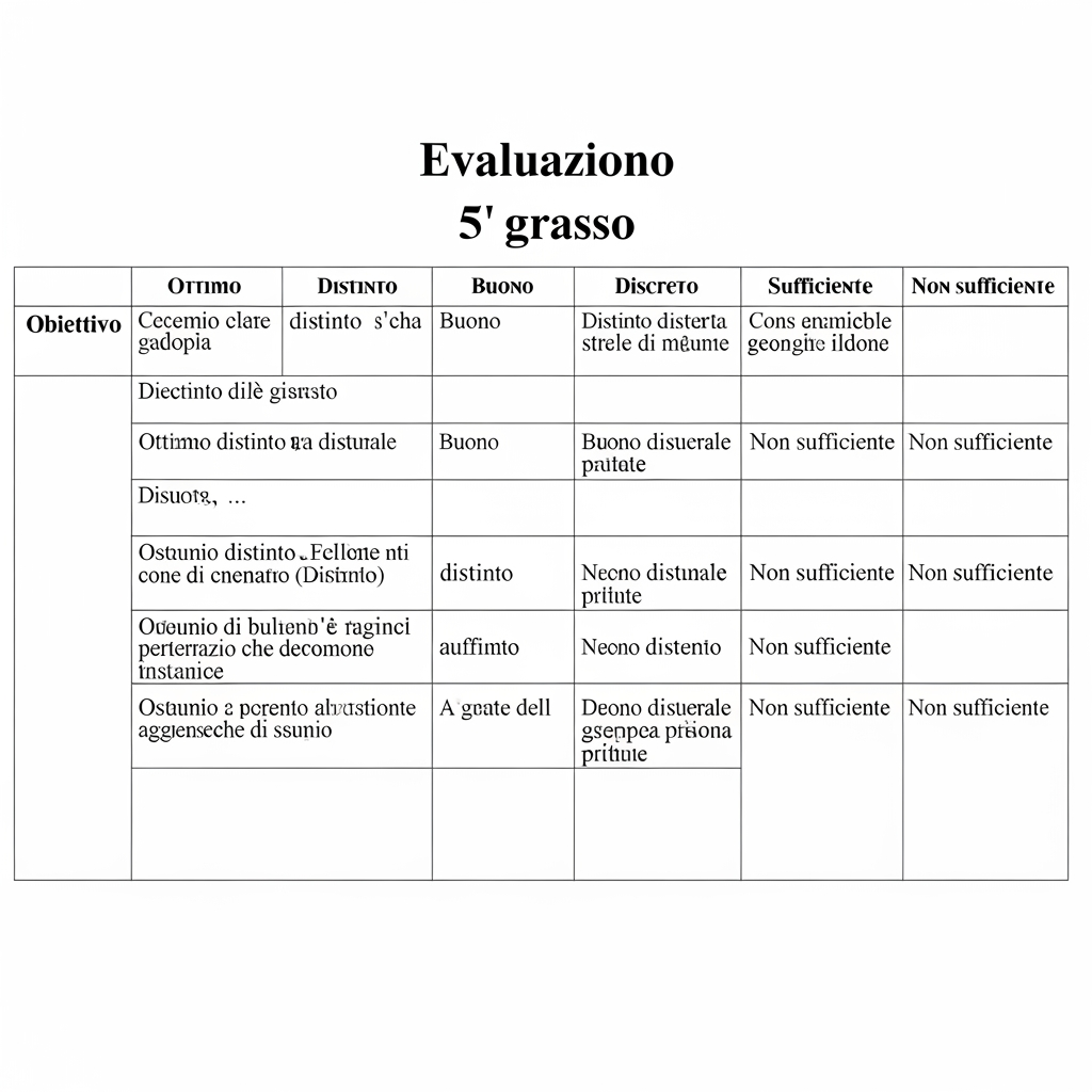 AI Design for Creami una tabella di valutazione di italiano sulla sintassi divisa in 7 colonne con obiettivo e voti ottimo, distinto, buono, discreto, sufficiente, non sufficiente. I VOTI E L'OBIETTIVO DEVONO ESSERE CON DESCRIZIONE. Obittivi: 1 divisione in sintagmi, 2 frase minima e frase semplice, 3 soggetto espresso e sottinteso, 4 predicato verbale e nominale, 5 complementi (oggetto, (tempo, luogo, termine, specificazione, mezzo, compagnia, modo, materia, causa, d'agente e causa efficiente) e 6 analisi logica. Cl 5