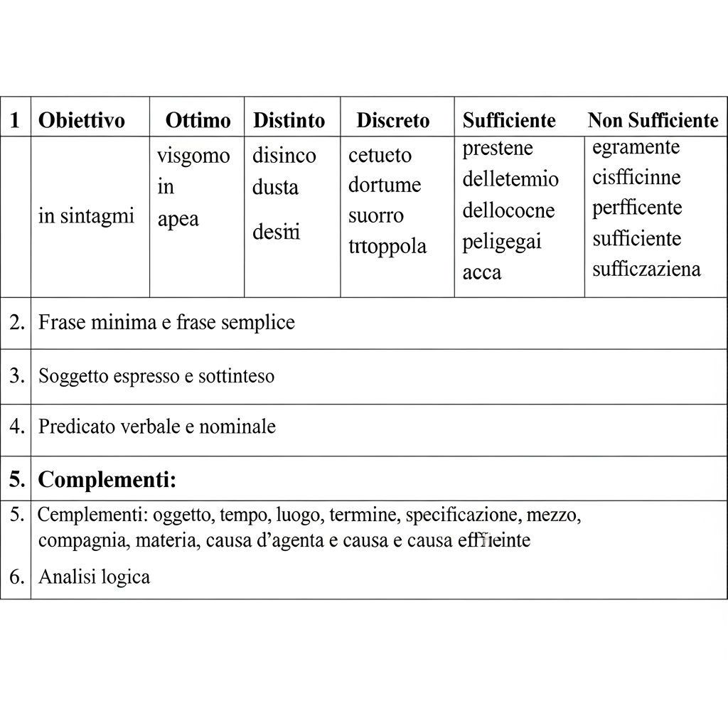 AI Design for Creami una tabella di valutazione di italiano sulla sintassi divisa in 7 colonne con obiettivo e voti ottimo, distinto, buono, discreto, sufficiente, non sufficiente. I VOTI E L'OBIETTIVO DEVONO ESSERE CON DESCRIZIONE. Obittivi: 1 divisione in sintagmi, 2 frase minima e frase semplice, 3 soggetto espresso e sottinteso, 4 predicato verbale e nominale, 5 complementi (oggetto, (tempo, luogo, termine, specificazione, mezzo, compagnia, modo, materia, causa, d'agente e causa efficiente) e 6 analisi logica. Cl 5