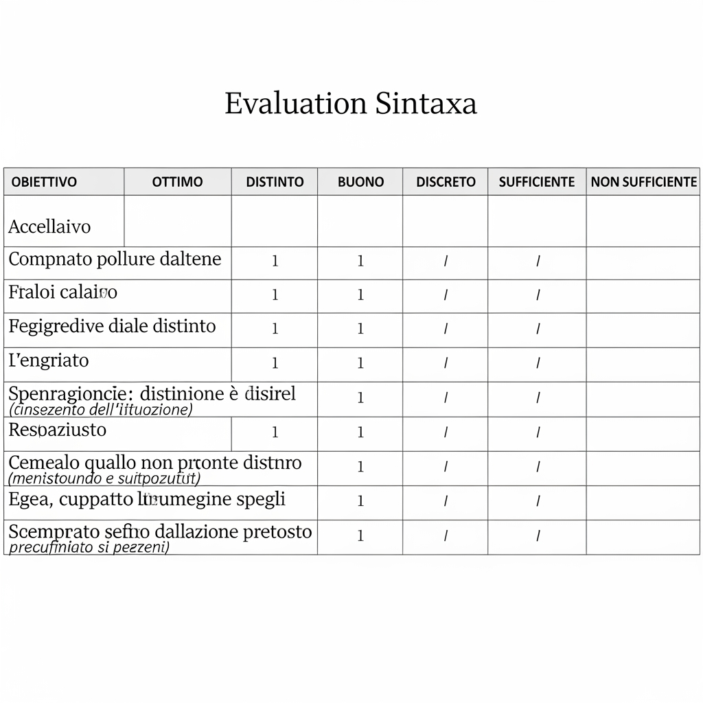 AI Design for Creami una tabella di valutazione di italiano sulla sintassi divisa in 7 colonne con obiettivo e voti ottimo, distinto, buono, discreto, sufficiente, non sufficiente. I VOTI E L'OBIETTIVO DEVONO ESSERE CON DESCRIZIONE. Obittivi: 1 divisione in sintagmi, 2 frase minima e frase semplice, 3 soggetto espresso e sottinteso, 4 predicato verbale e nominale, 5 complementi (oggetto, (tempo, luogo, termine, specificazione, mezzo, compagnia, modo, materia, causa, d'agente e causa efficiente) e 6 analisi logica. Cl 5