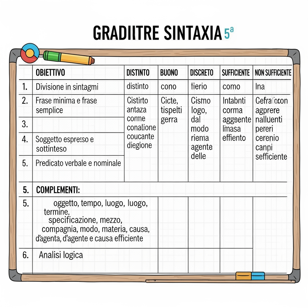 AI Design for Creami una tabella di valutazione di italiano sulla sintassi divisa in 7 colonne con obiettivo e voti ottimo, distinto, buono, discreto, sufficiente, non sufficiente. I VOTI E L'OBIETTIVO DEVONO ESSERE CON DESCRIZIONE. Obittivi: 1 divisione in sintagmi, 2 frase minima e frase semplice, 3 soggetto espresso e sottinteso, 4 predicato verbale e nominale, 5 complementi (oggetto, (tempo, luogo, termine, specificazione, mezzo, compagnia, modo, materia, causa, d'agente e causa efficiente) e 6 analisi logica. Cl 5