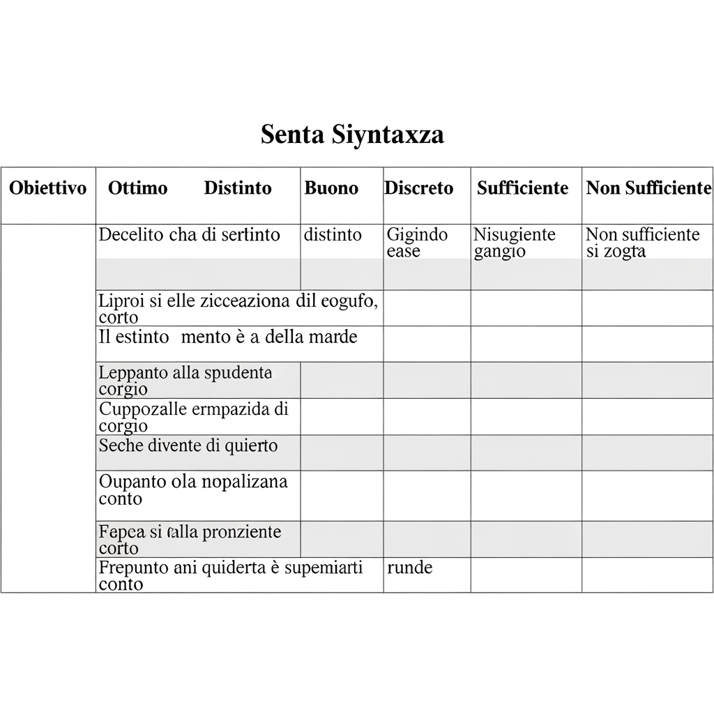 AI Design for Creami una tabella di valutazione di italiano sulla sintassi divisa in 7 colonne con obiettivo e voti ottimo, distinto, buono, discreto, sufficiente, non sufficiente. I VOTI E L'OBIETTIVO DEVONO ESSERE CON DESCRIZIONE. Obittivi: 1 divisione in sintagmi, 2 frase minima e frase semplice, 3 soggetto espresso e sottinteso, 4 predicato verbale e nominale, 5 complementi (oggetto, (tempo, luogo, termine, specificazione, mezzo, compagnia, modo, materia, causa, d'agente e causa efficiente) e 6 analisi logica. Cl 5