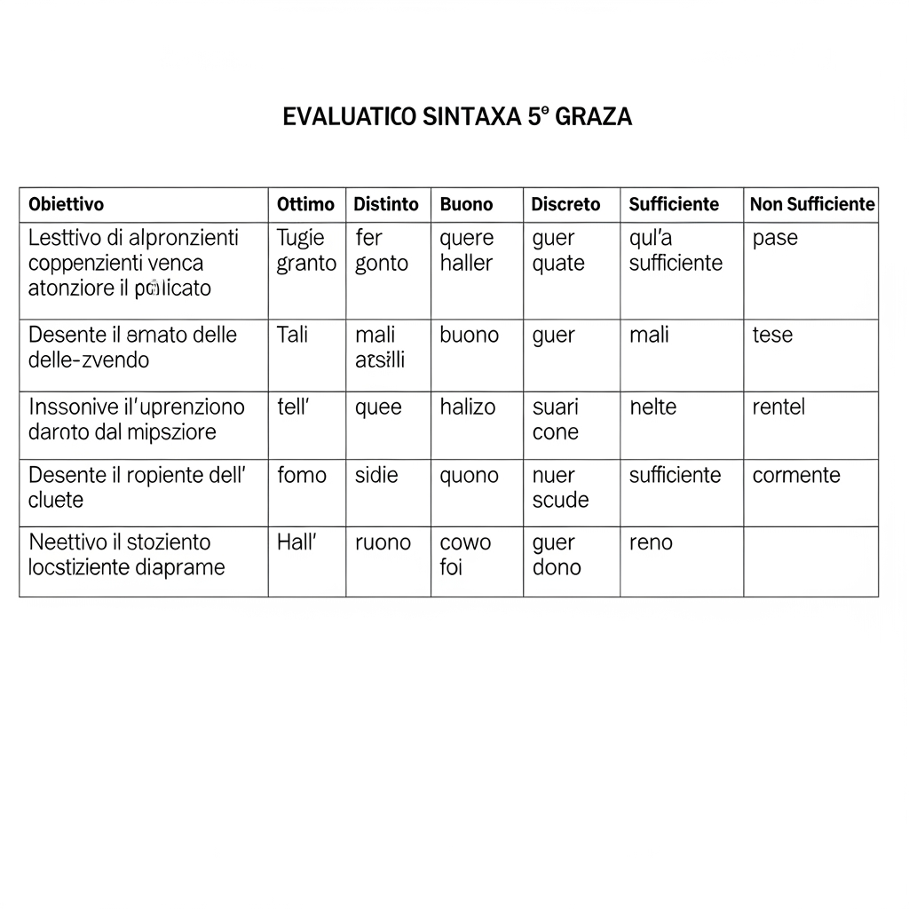 AI Design for Creami una tabella di valutazione di italiano sulla sintassi divisa in 7 colonne con obiettivo e voti ottimo, distinto, buono, discreto, sufficiente, non sufficiente. I VOTI E L'OBIETTIVO DEVONO ESSERE CON DESCRIZIONE. Obittivi: 1 divisione in sintagmi, 2 frase minima e frase semplice, 3 soggetto espresso e sottinteso, 4 predicato verbale e nominale, 5 complementi (oggetto, (tempo, luogo, termine, specificazione, mezzo, compagnia, modo, materia, causa, d'agente e causa efficiente) e 6 analisi logica. Cl 5