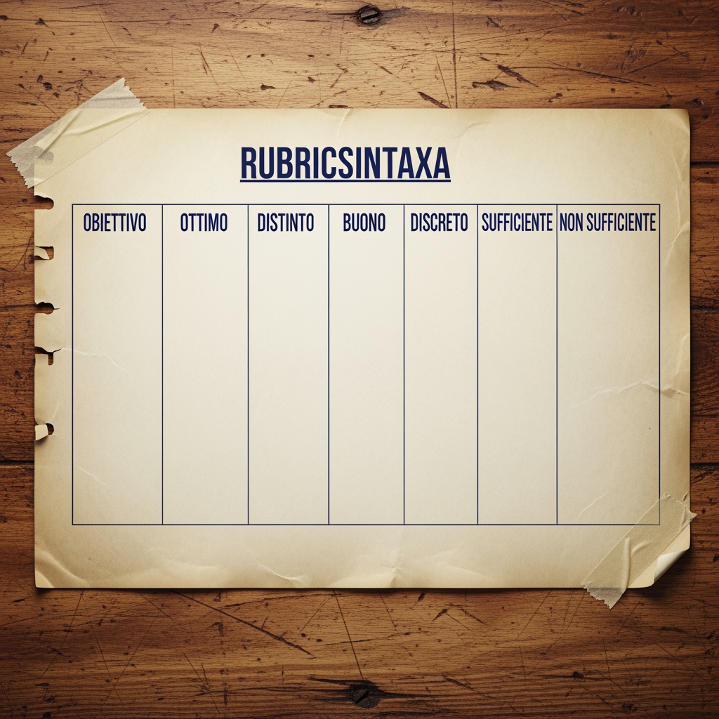 AI Design for Creami una tabella di valutazione di italiano sulla sintassi divisa in 7 colonne con obiettivo e voti ottimo, distinto, buono, discreto, sufficiente, non sufficiente. I VOTI E L'OBIETTIVO DEVONO ESSERE CON DESCRIZIONE. Obittivi: 1 divisione in sintagmi, 2 frase minima e frase semplice, 3 soggetto espresso e sottinteso, 4 predicato verbale e nominale, 5 complementi (oggetto, (tempo, luogo, termine, specificazione, mezzo, compagnia, modo, materia, causa, d'agente e causa efficiente) e 6 analisi logica. Cl 5
