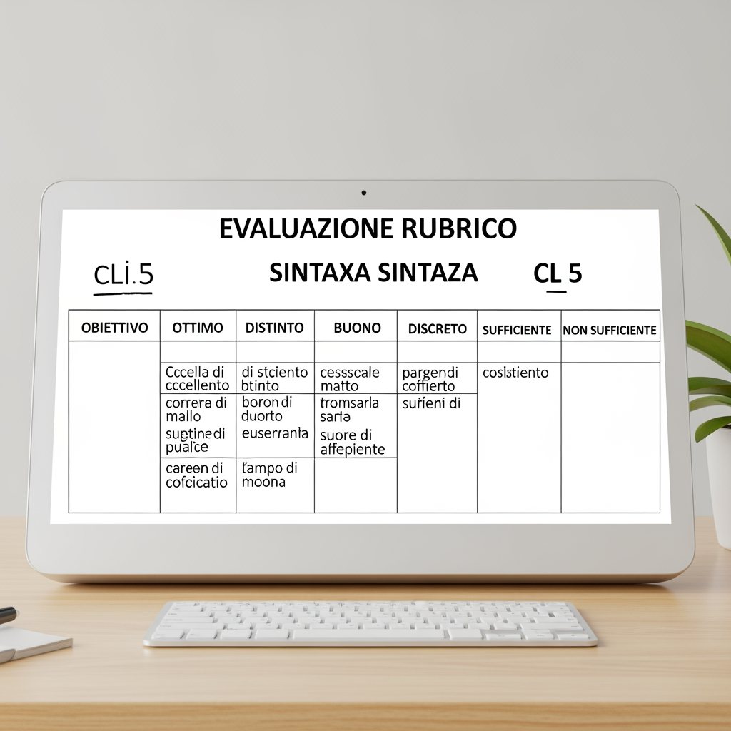 AI Design for Creami una tabella di valutazione di italiano sulla sintassi divisa in 7 colonne con obiettivo e voti ottimo, distinto, buono, discreto, sufficiente, non sufficiente. I VOTI E L'OBIETTIVO DEVONO ESSERE CON DESCRIZIONE. Obittivi: 1 divisione in sintagmi, 2 frase minima e frase semplice, 3 soggetto espresso e sottinteso, 4 predicato verbale e nominale, 5 complementi (oggetto, (tempo, luogo, termine, specificazione, mezzo, compagnia, modo, materia, causa, d'agente e causa efficiente) e 6 analisi logica. Cl 5